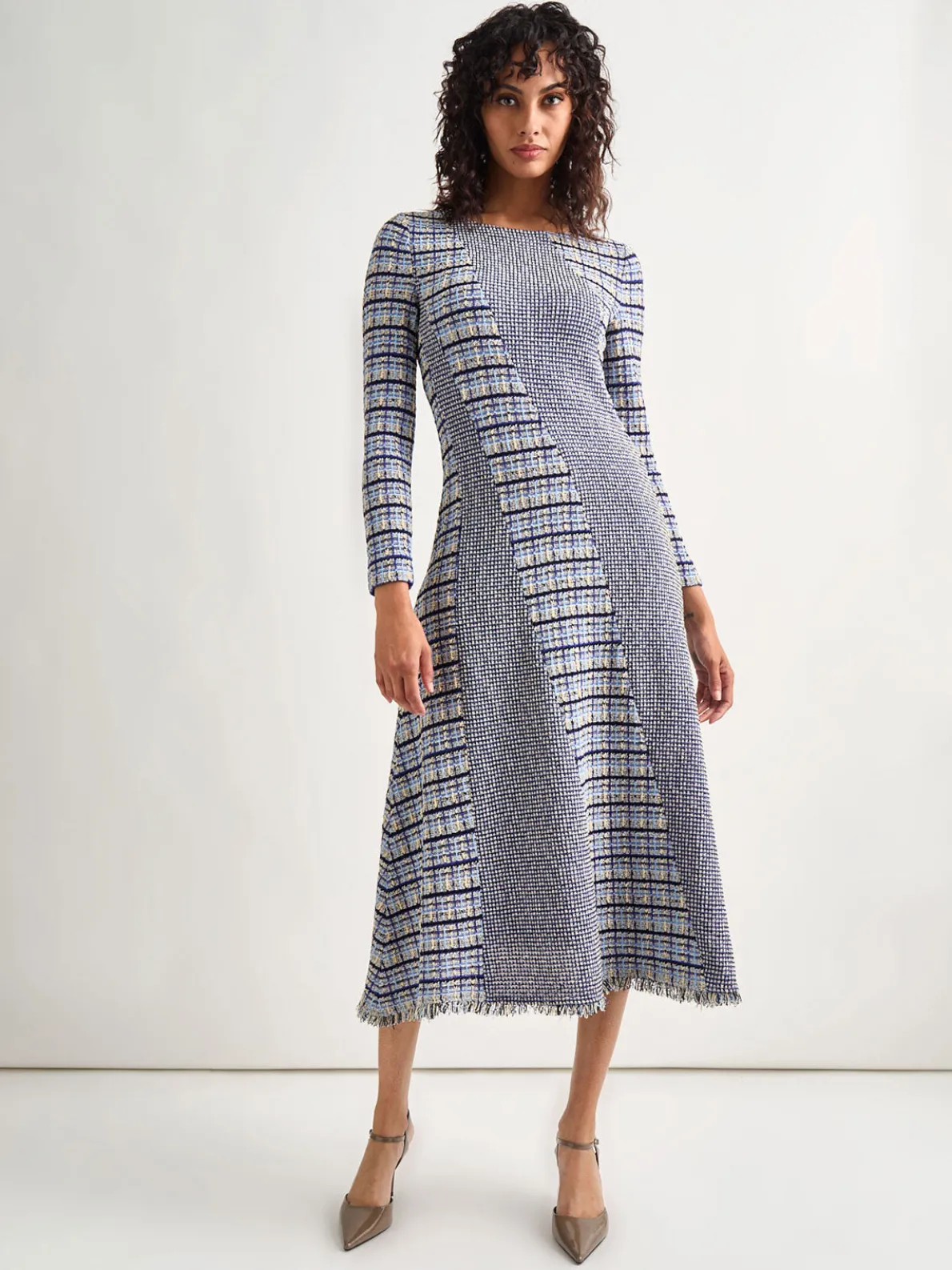 Fit-and-Flare Multi-Stitch Tweed Maxi Dress
