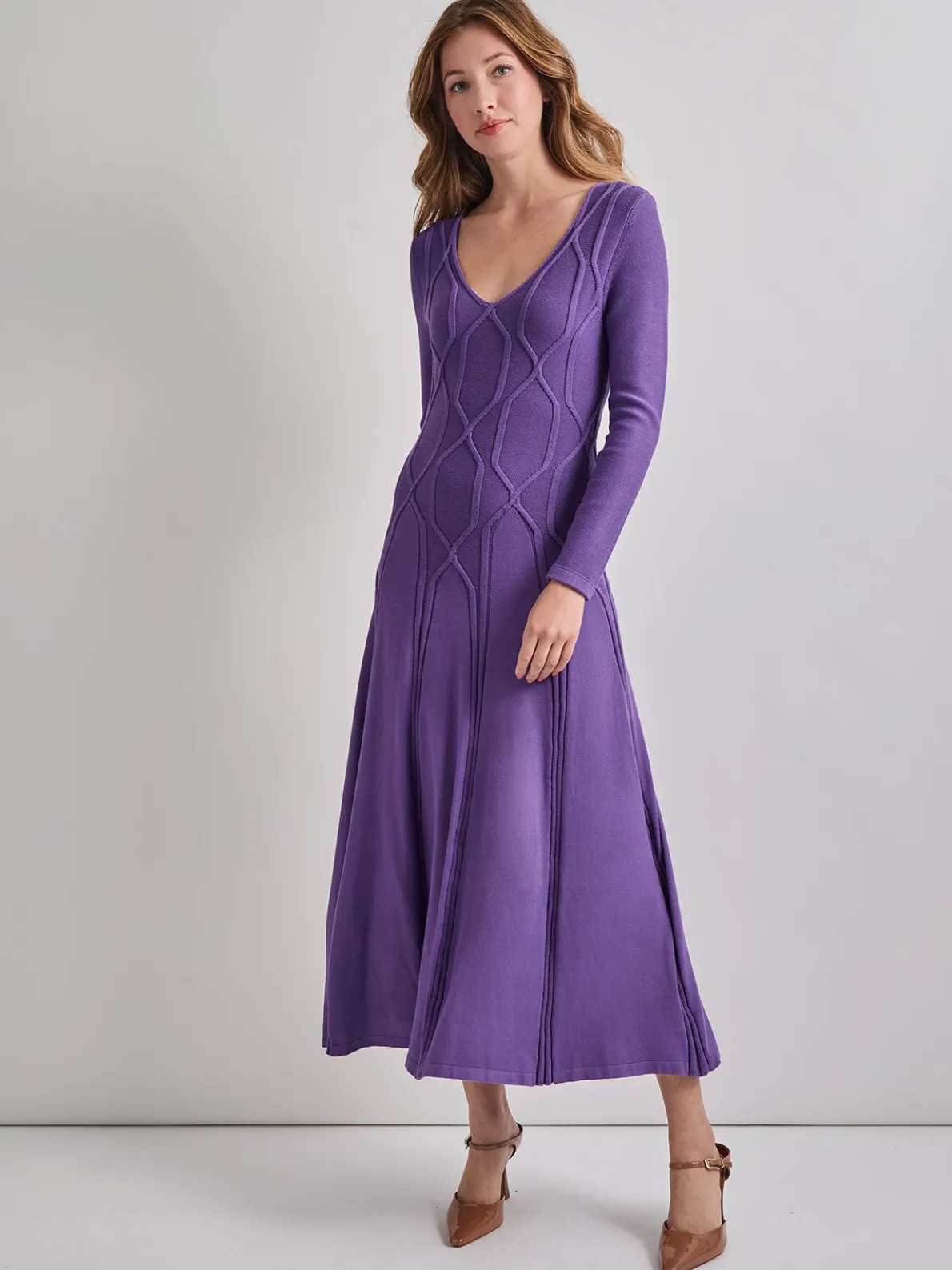 Fit-and-Flare Raised Geometric Recycled Knit Maxi Dress