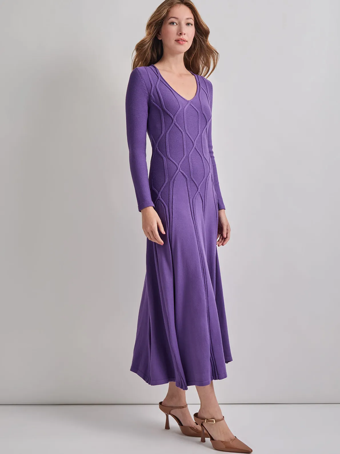 Fit-and-Flare Raised Geometric Recycled Knit Maxi Dress