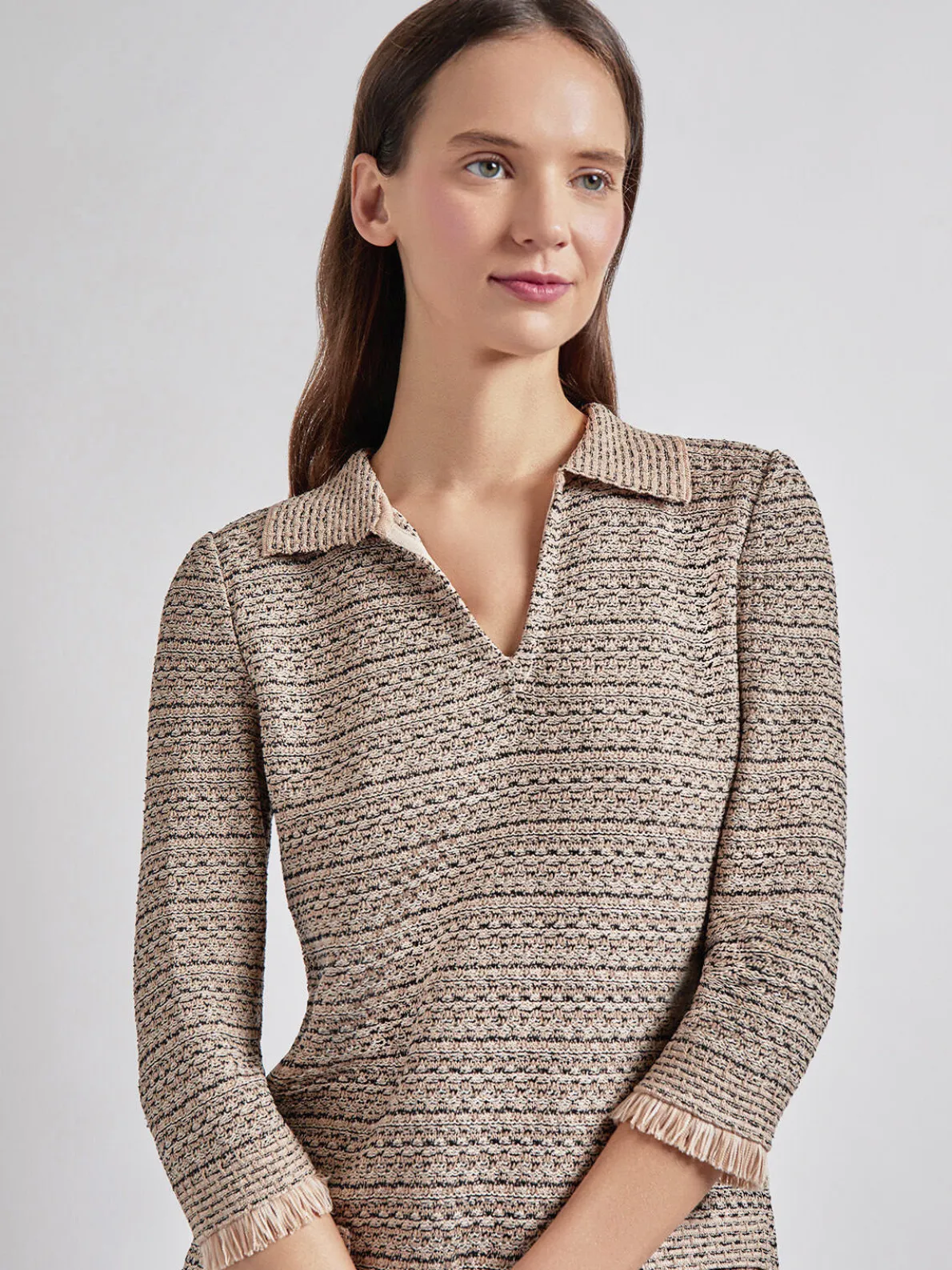 Fringe Trim Intarsia Knit Shift Dress