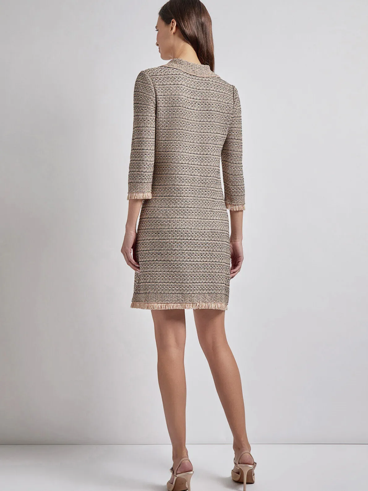 Fringe Trim Intarsia Knit Shift Dress