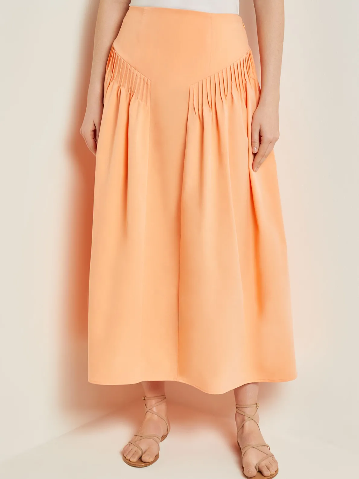 Godet Midi Skirt - Pleated Faux Cupro Silk
