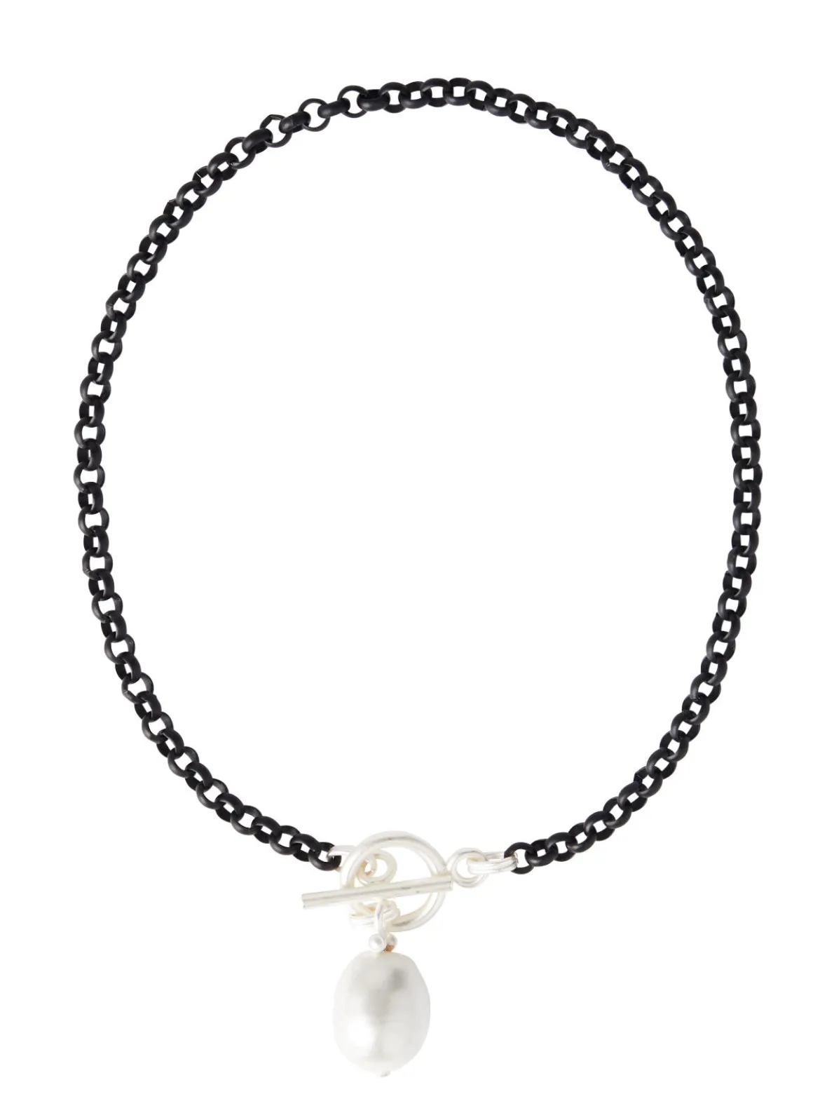 Handmade Black Rolo Link Toggle Necklace with Cotton Pearl Pendant