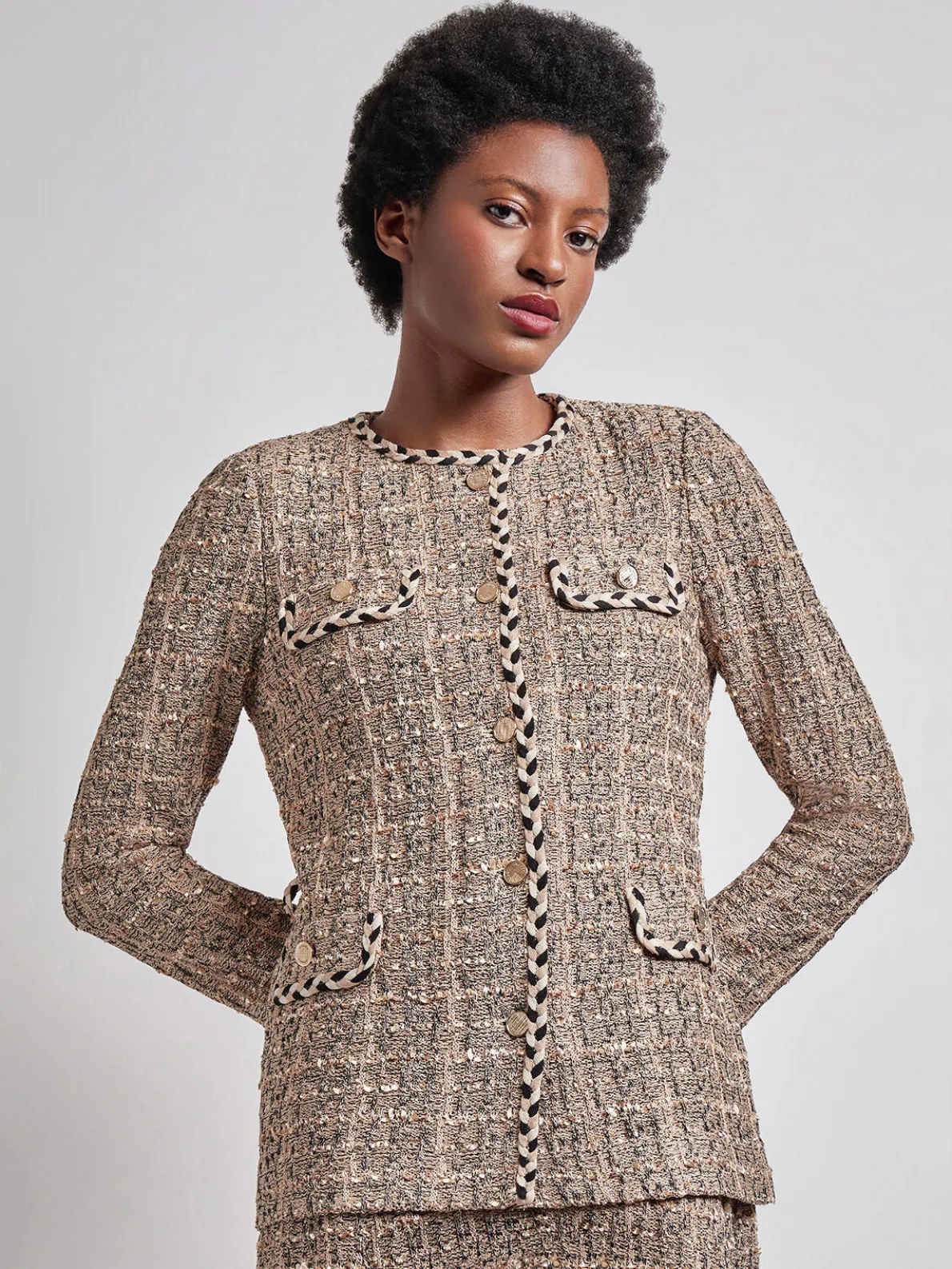 Heritage Fit Braid Trim Tweed Knit Jacket