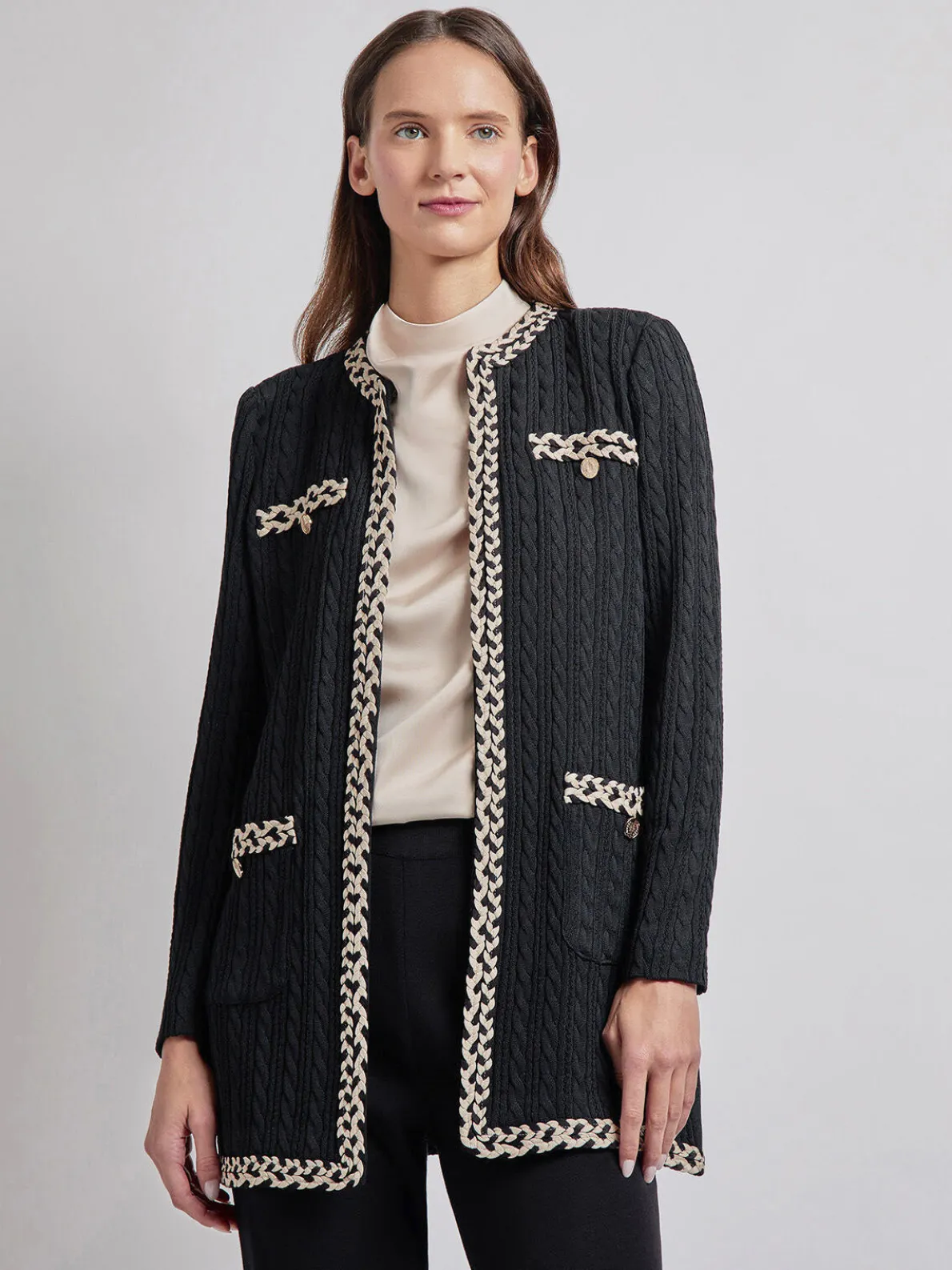 Jewel Neck Contrast Trim Cable Knit Jacket