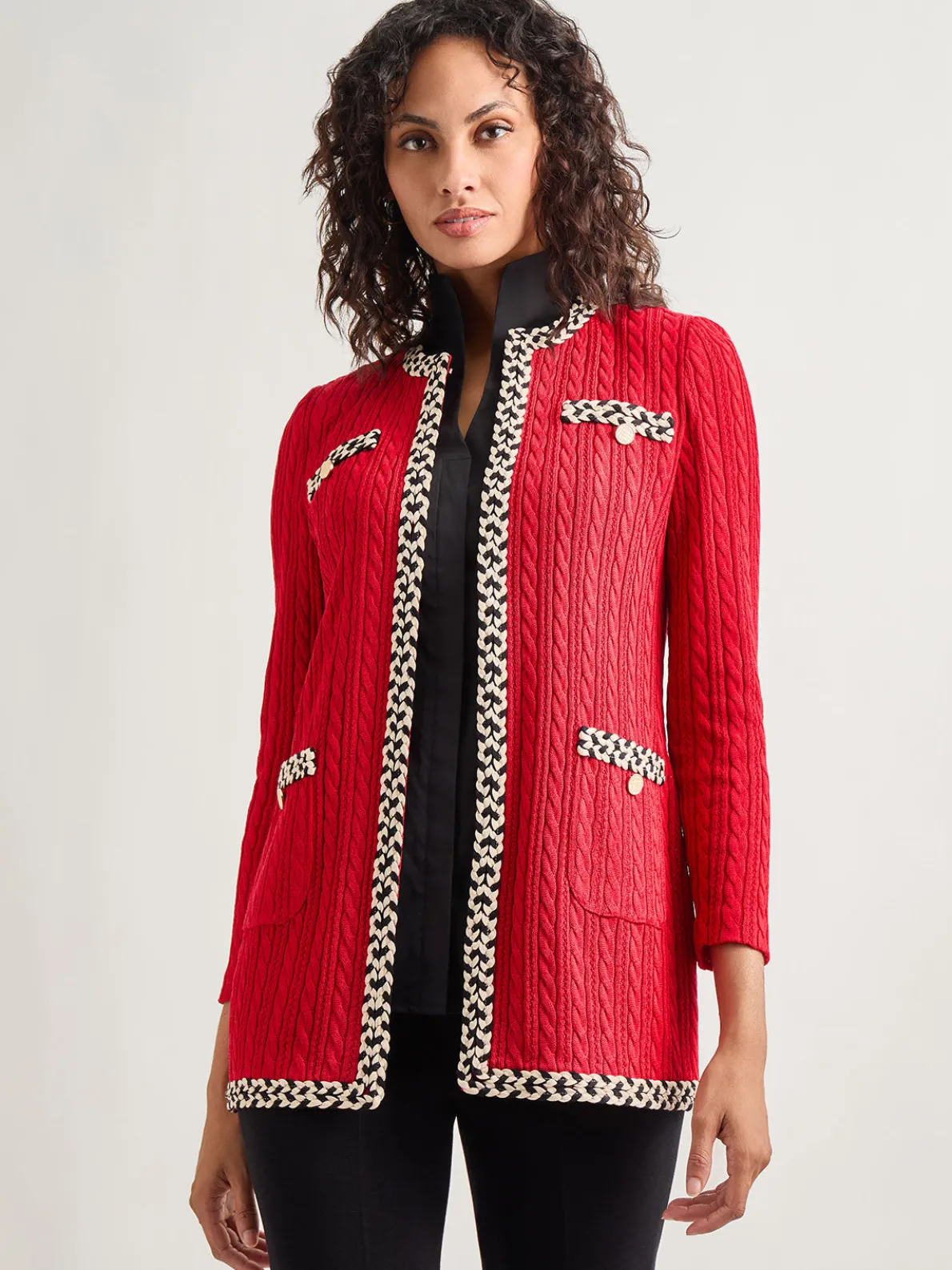 Jewel Neck Contrast Trim Cable Knit Jacket