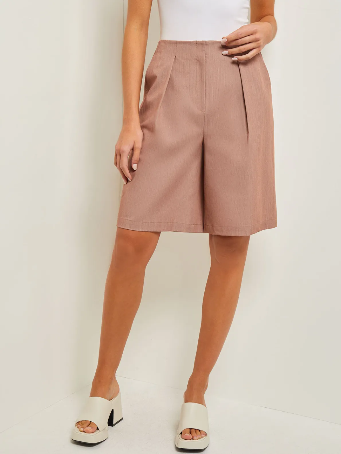 Knee Length Bermuda Shorts - Pleated Woven
