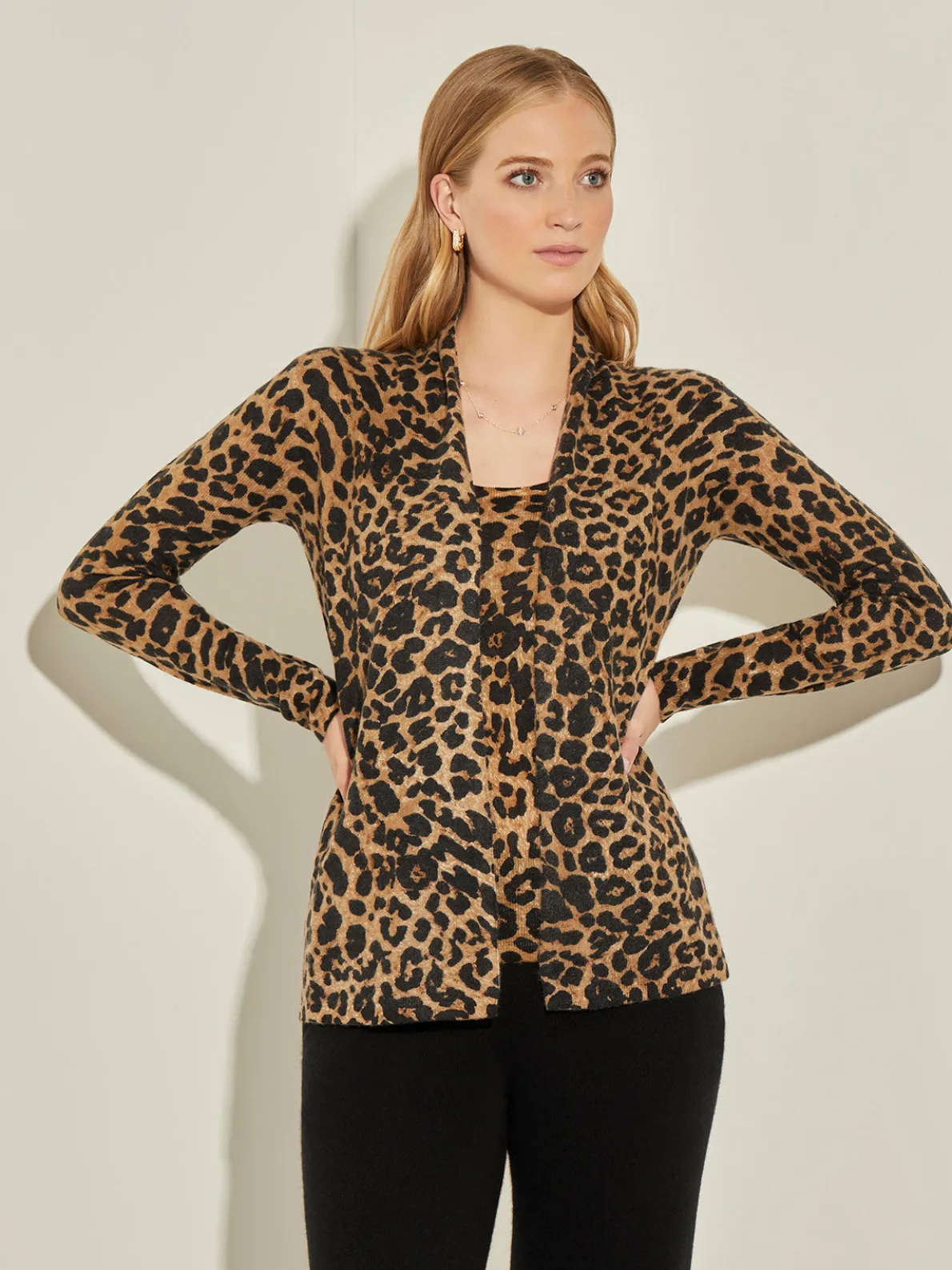 Leopard Print Open Front Cashmere Cardigan
