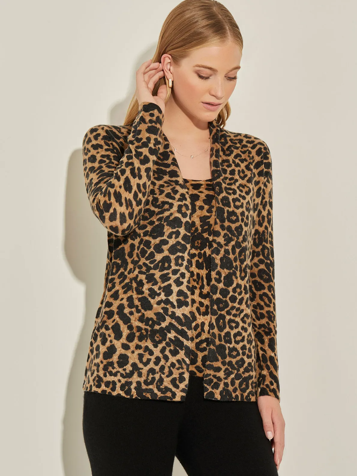 Leopard Print Open Front Cashmere Cardigan