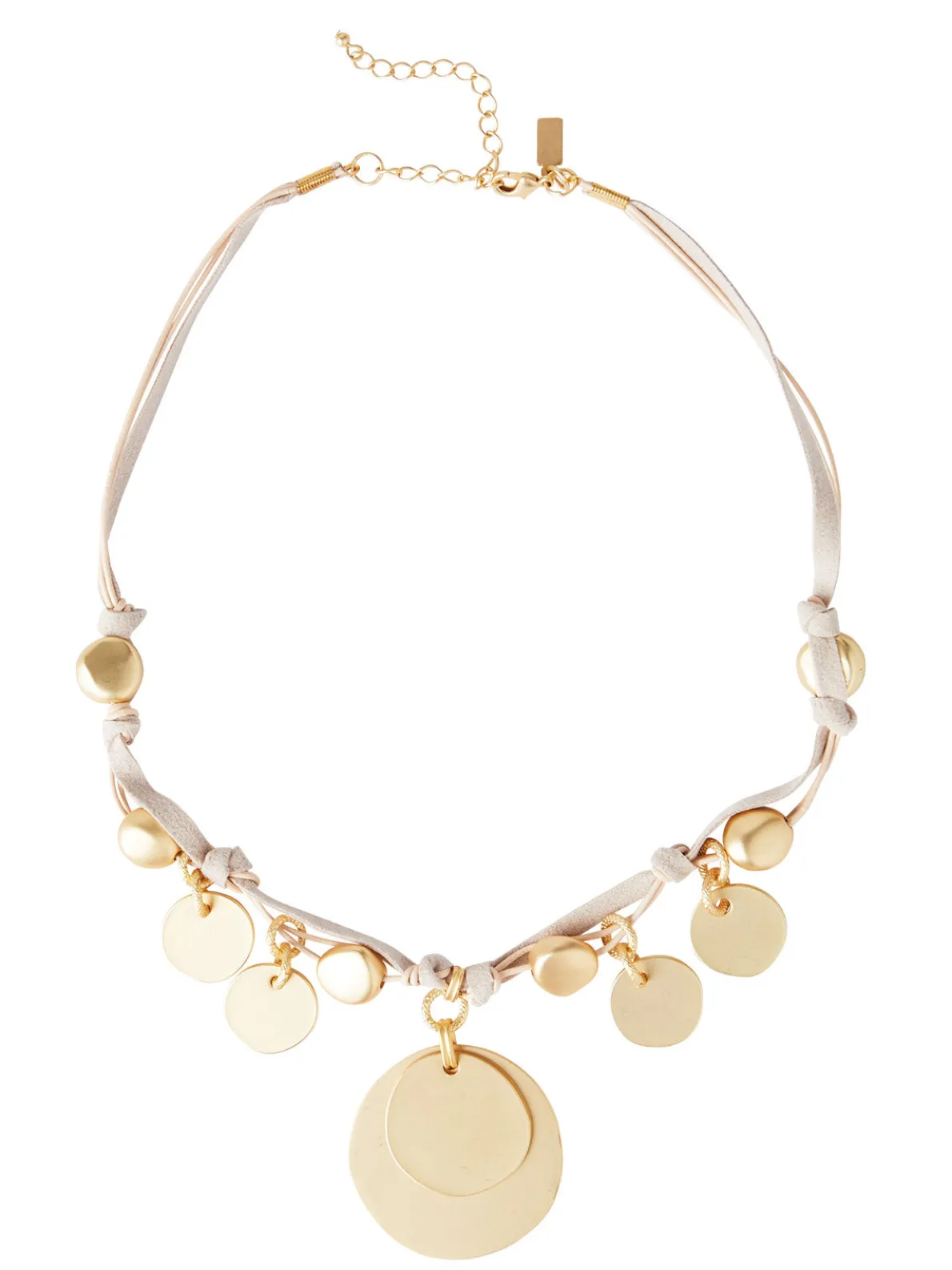 Matte Gold Coin Charm Natural Leather & Suede Necklace