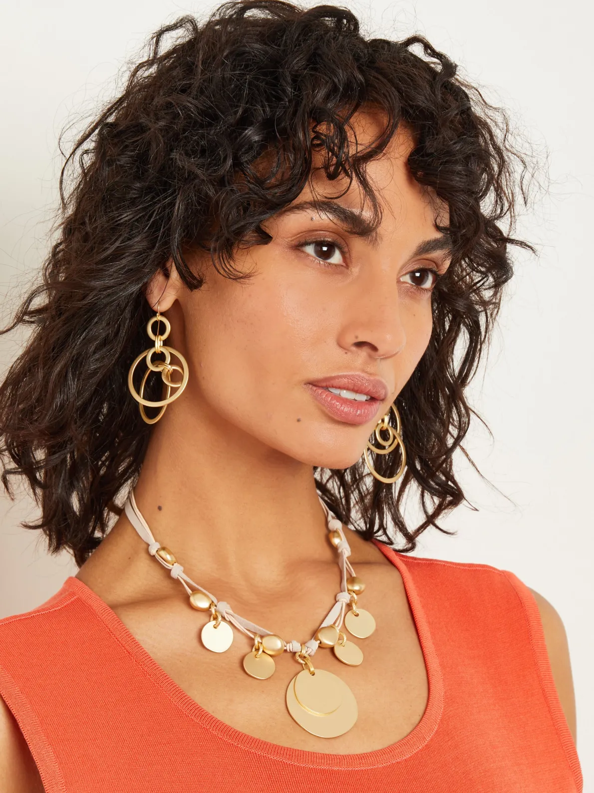 Matte Gold Coin Charm Natural Leather & Suede Necklace