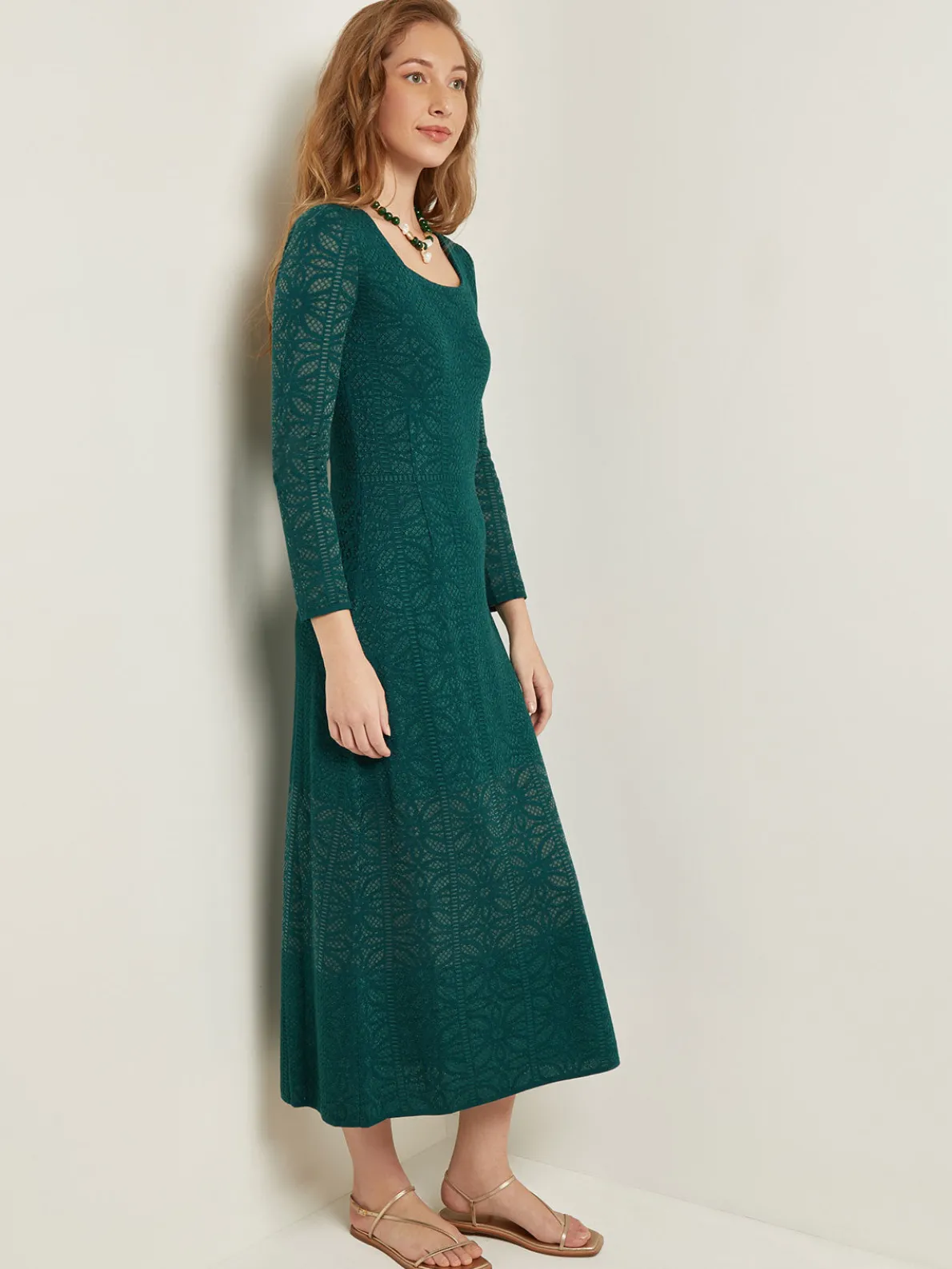 Maxi A-Line Dress - Burnout Detail Jacquard Knit