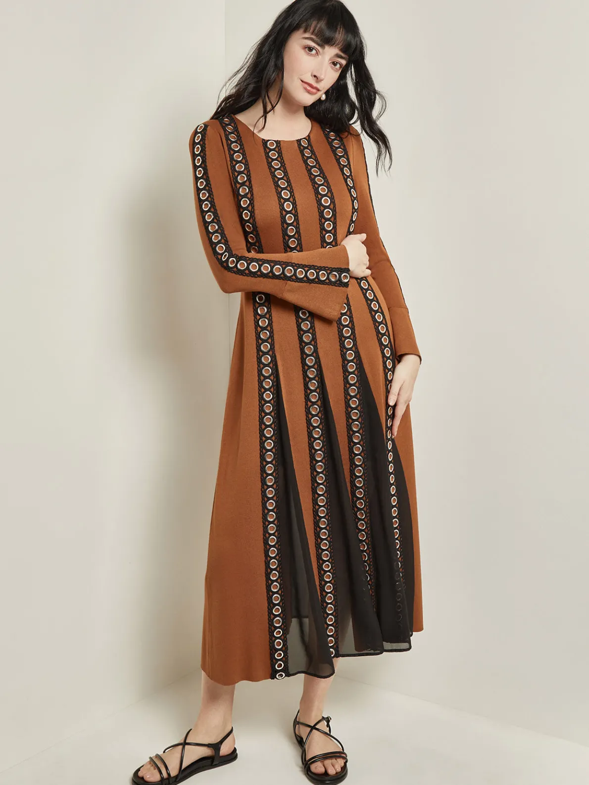 Maxi A-Line Dress - Sheer Panel Soft Knit