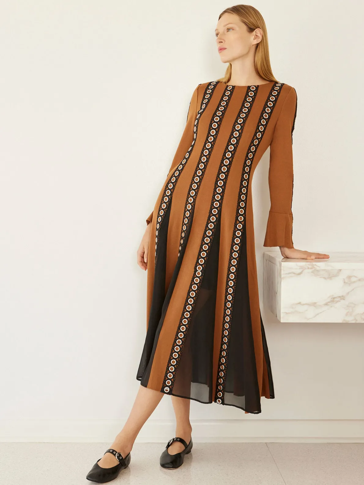 Maxi A-Line Dress - Sheer Panel Soft Knit
