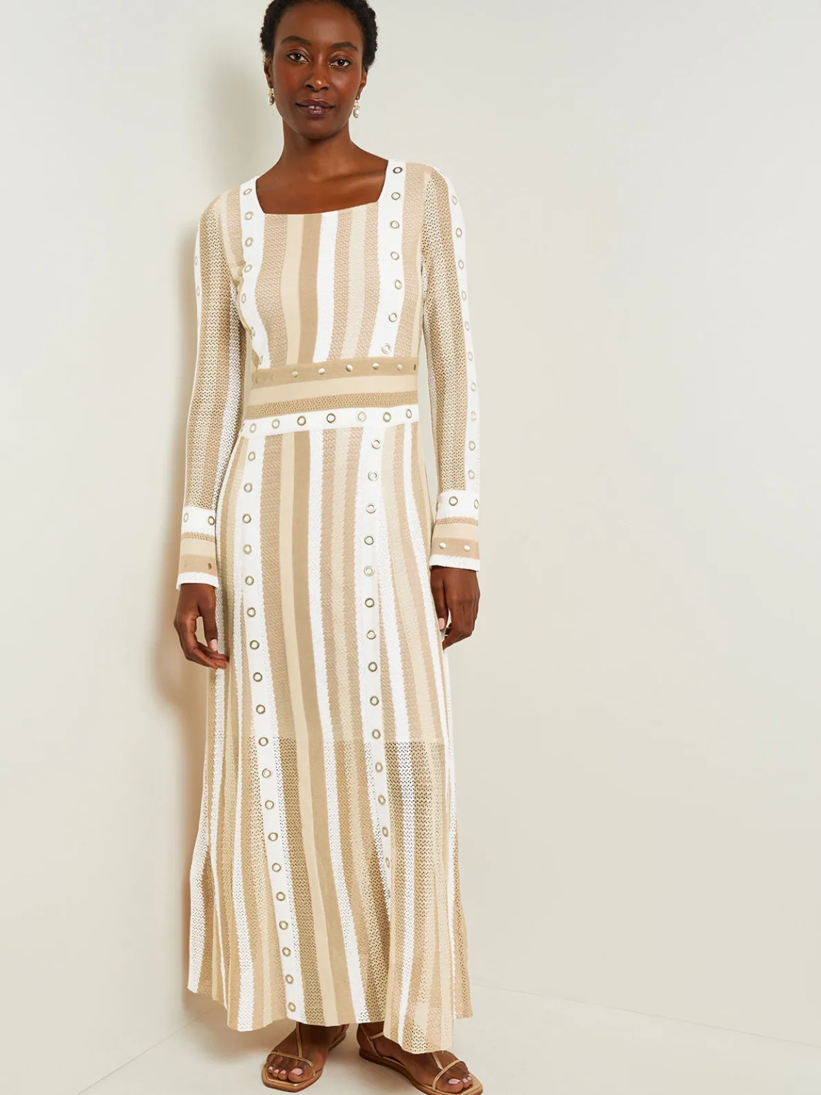 Maxi A-Line Dress - Multi-Stitch Grommet Detail Knit