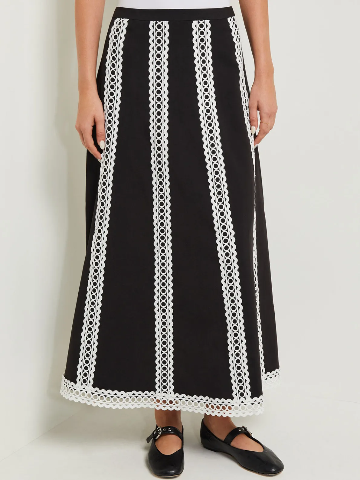 Maxi A-Line Skirt - Eyelet Trim Woven Twill