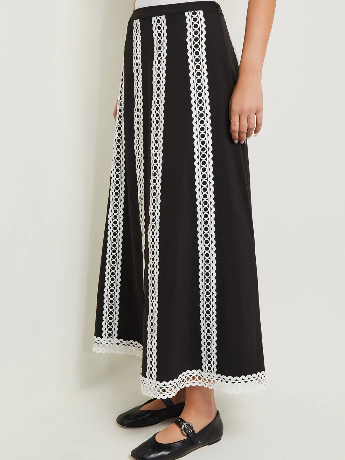 Maxi A-Line Skirt - Eyelet Trim Woven Twill
