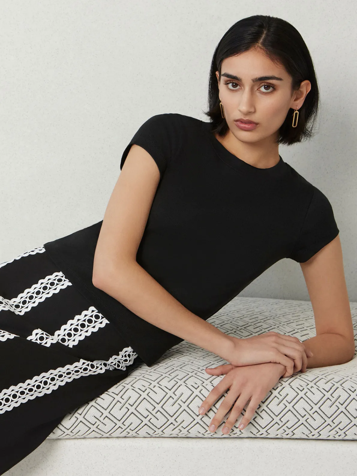 Maxi A-Line Skirt - Eyelet Trim Woven Twill