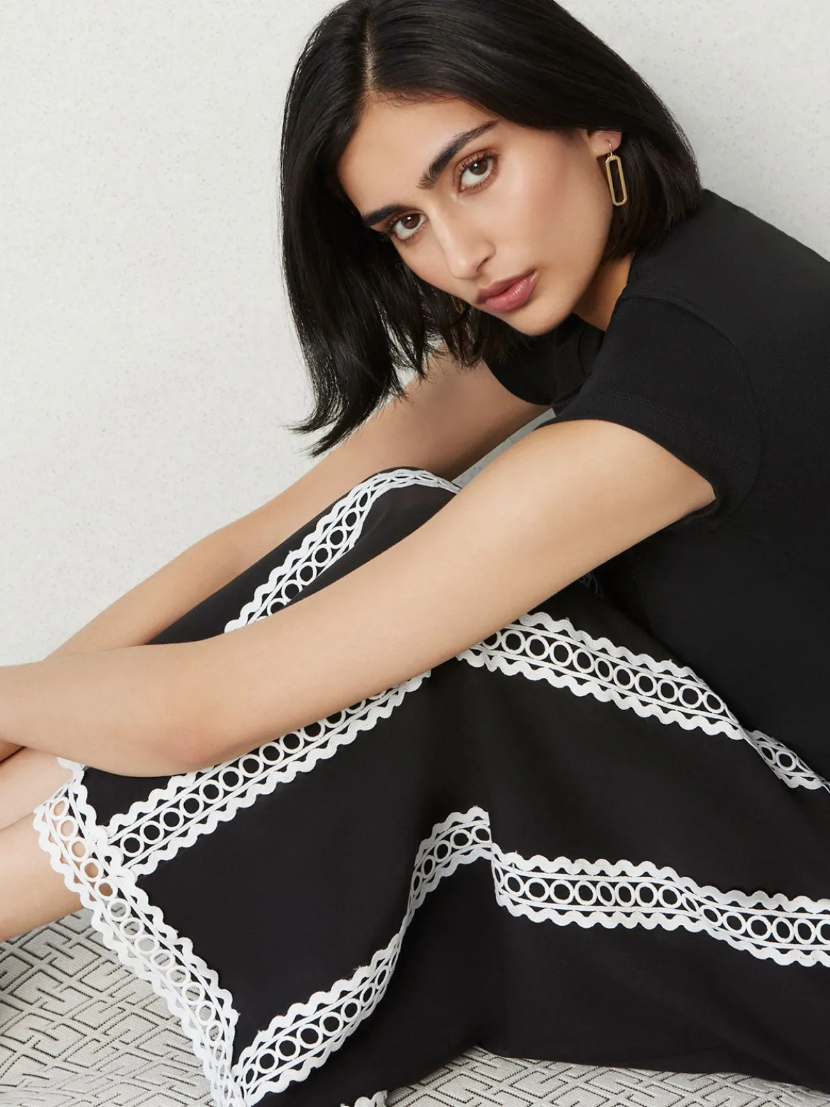 Maxi A-Line Skirt - Eyelet Trim Woven Twill