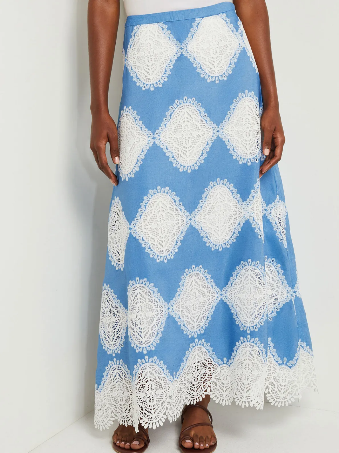 Maxi A-Line Skirt - Lace Inset Novelty Woven