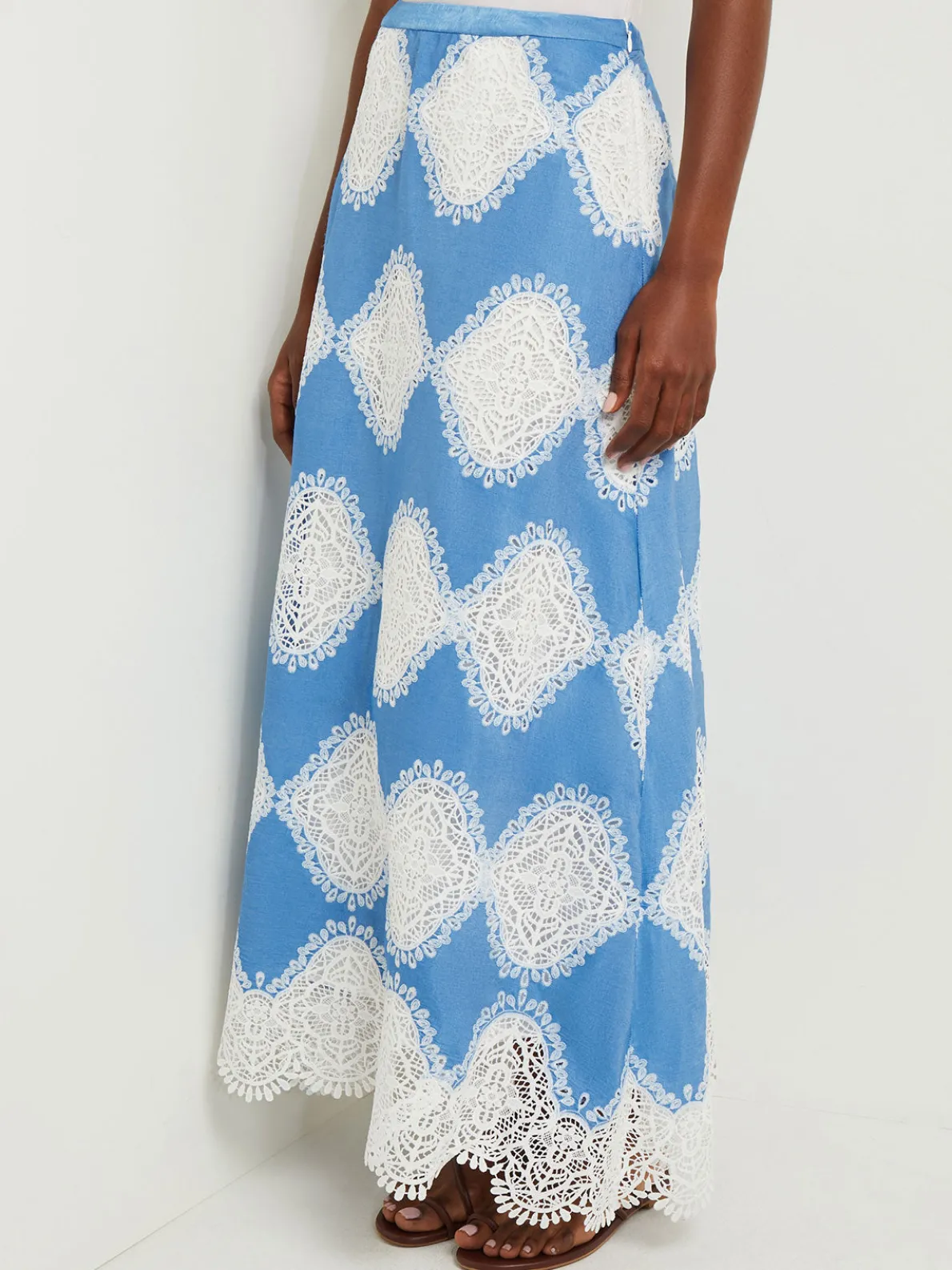 Maxi A-Line Skirt - Lace Inset Novelty Woven