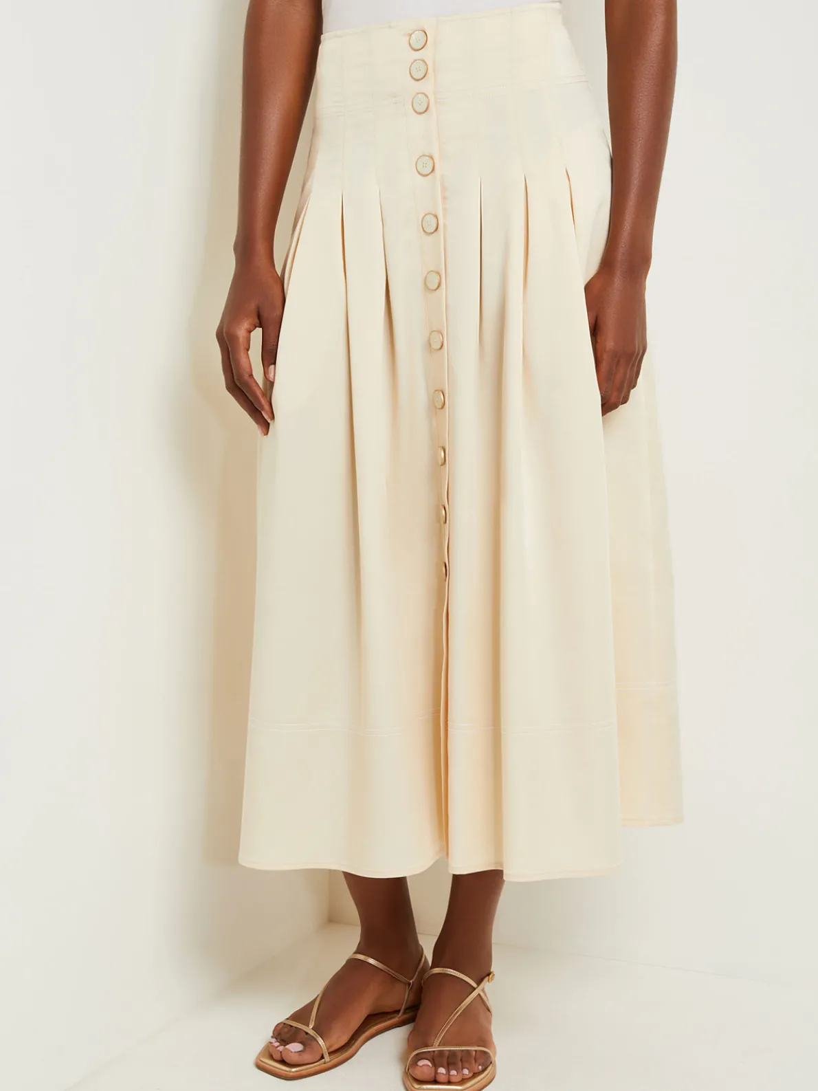 Maxi Button Front A-Line Skirt - Pleated Woven