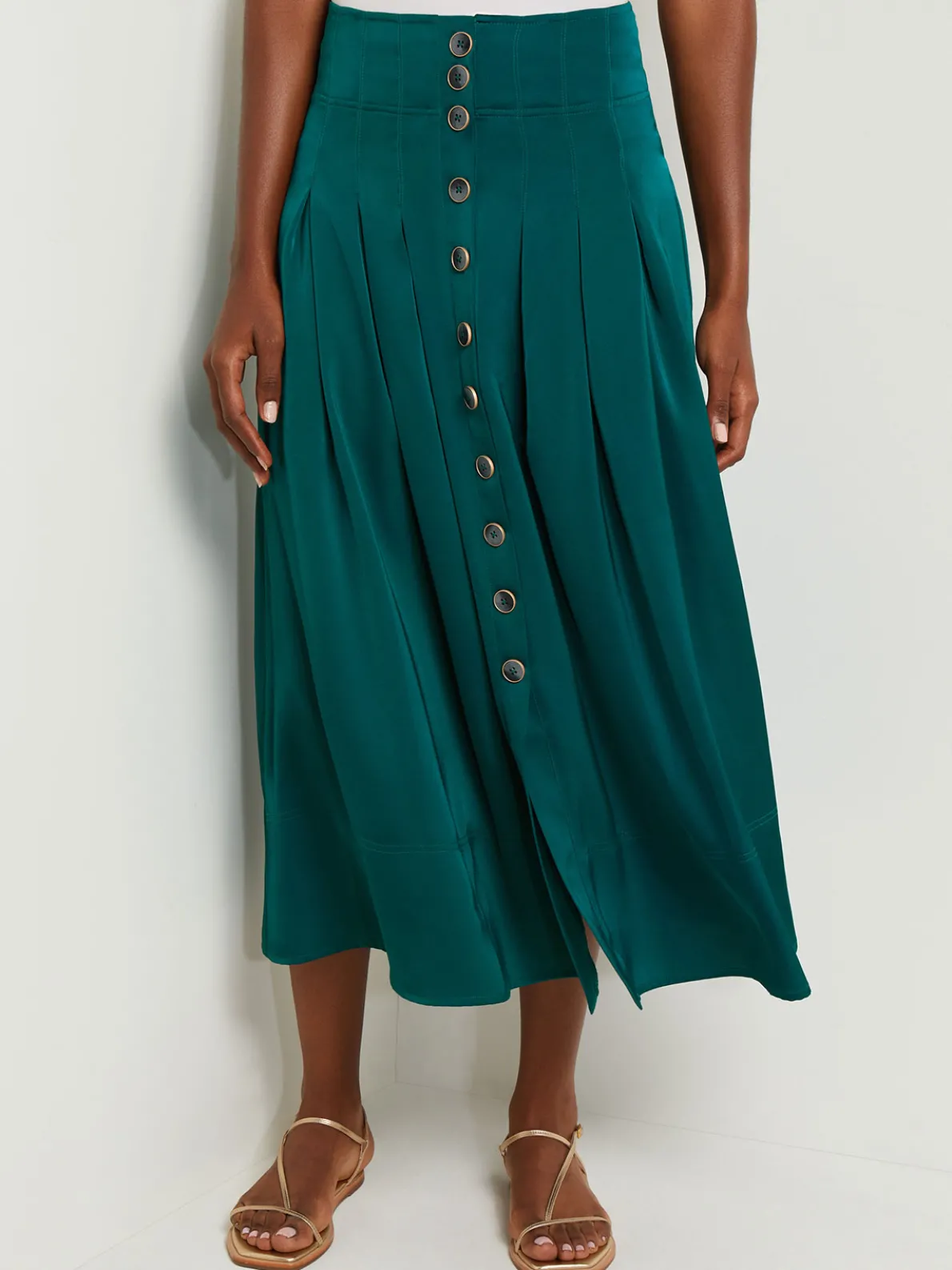 Maxi Button Front A-Line Skirt - Pleated Woven