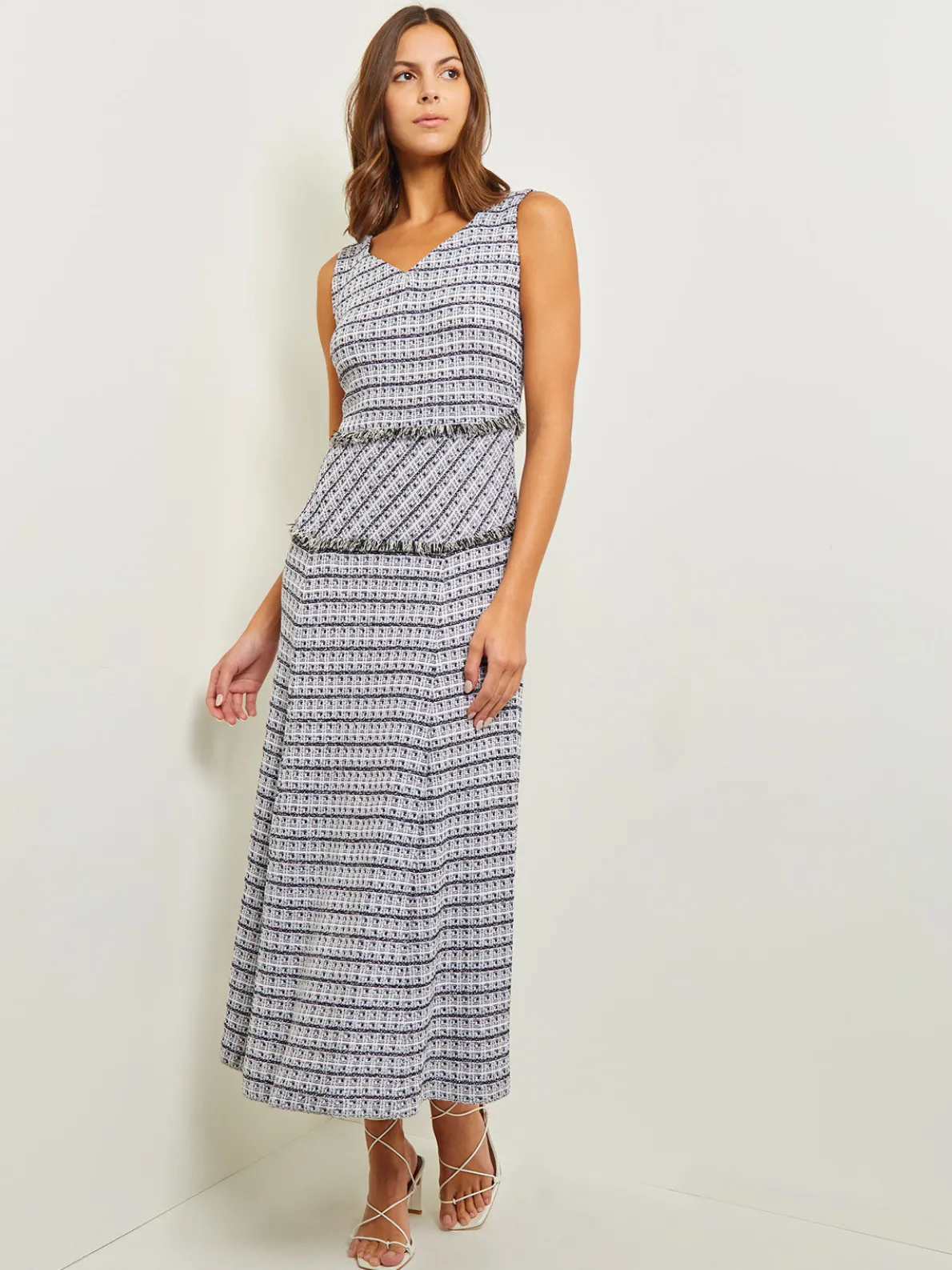 Maxi Drop Waist Dress - Fringe Trim Soft Tweed Knit