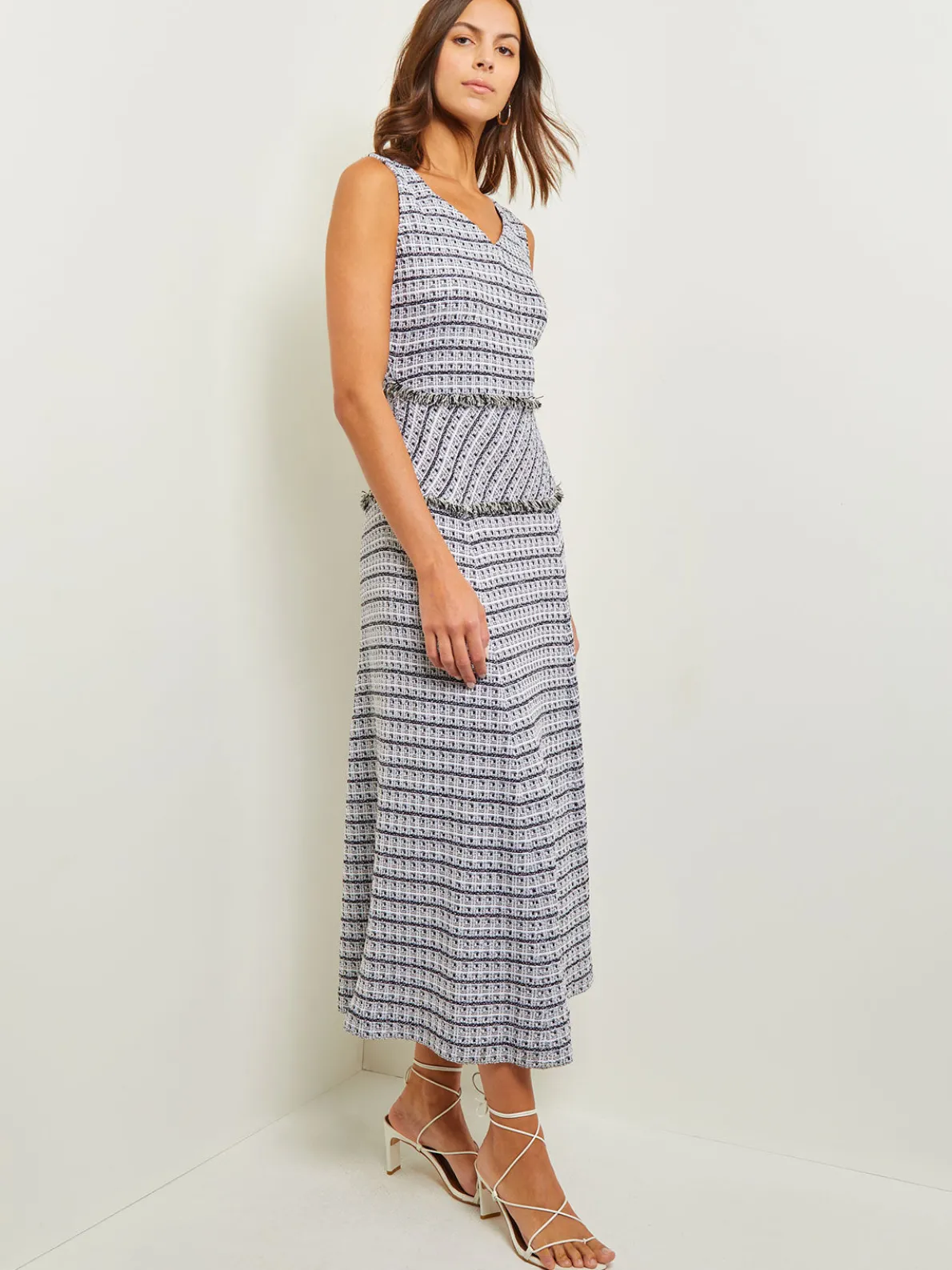 Maxi Drop Waist Dress - Fringe Trim Soft Tweed Knit