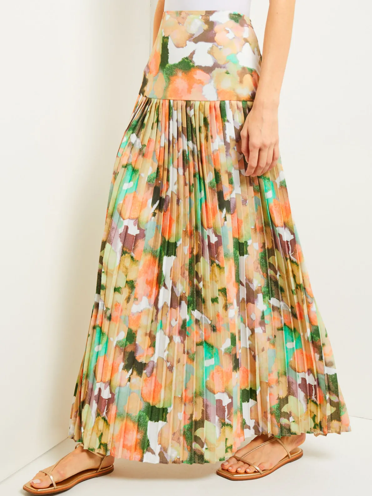 Maxi Drop Waist Skirt - Pleated Watercolor Woven