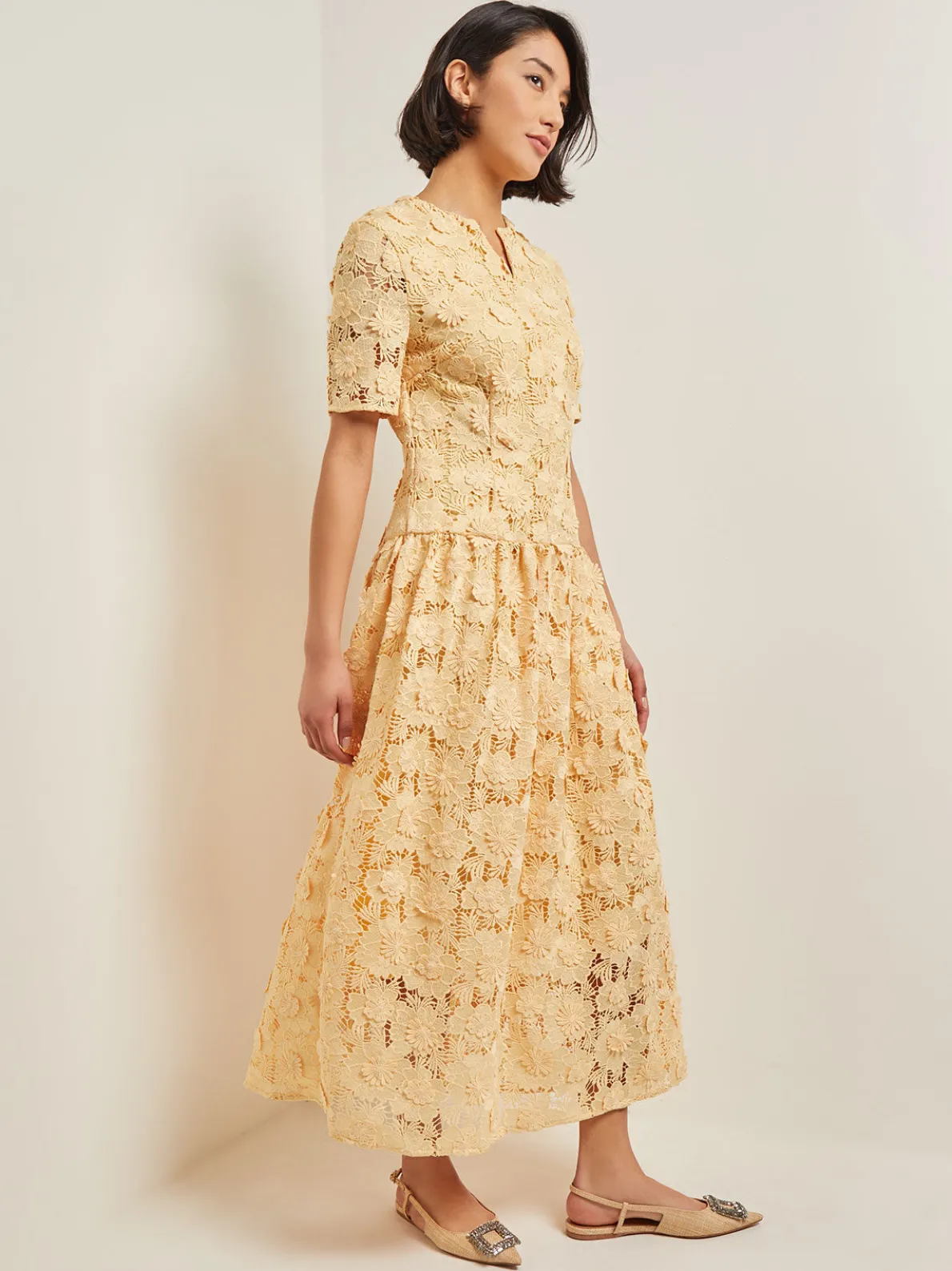 Maxi Pleated Drop Waist Dress - Floral Applique Woven