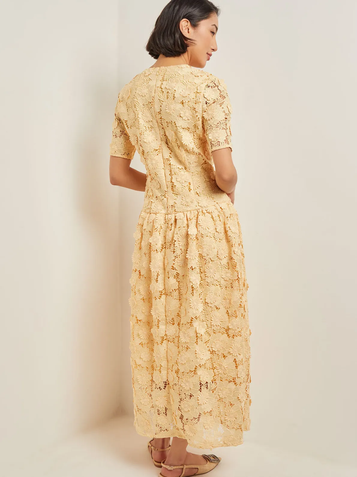 Maxi Pleated Drop Waist Dress - Floral Applique Woven