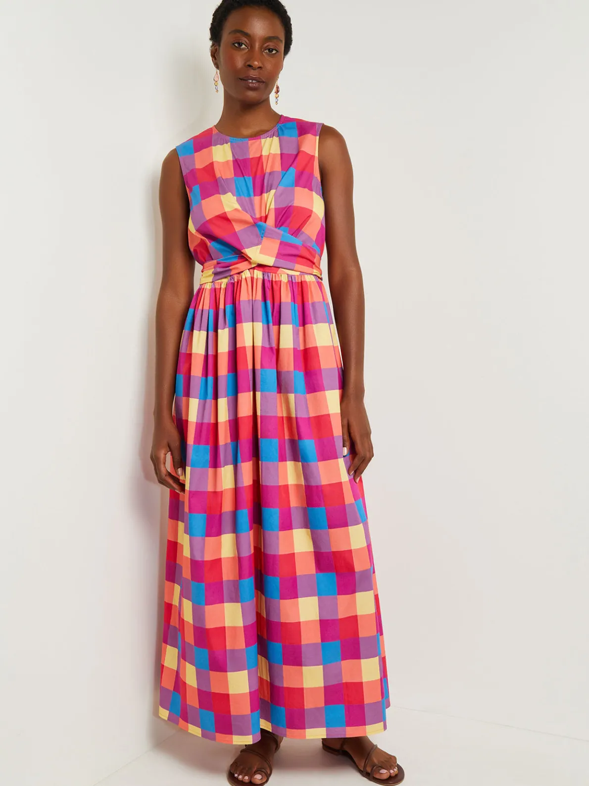 Maxi Tie Waist Dress - Plaid Cotton Blend