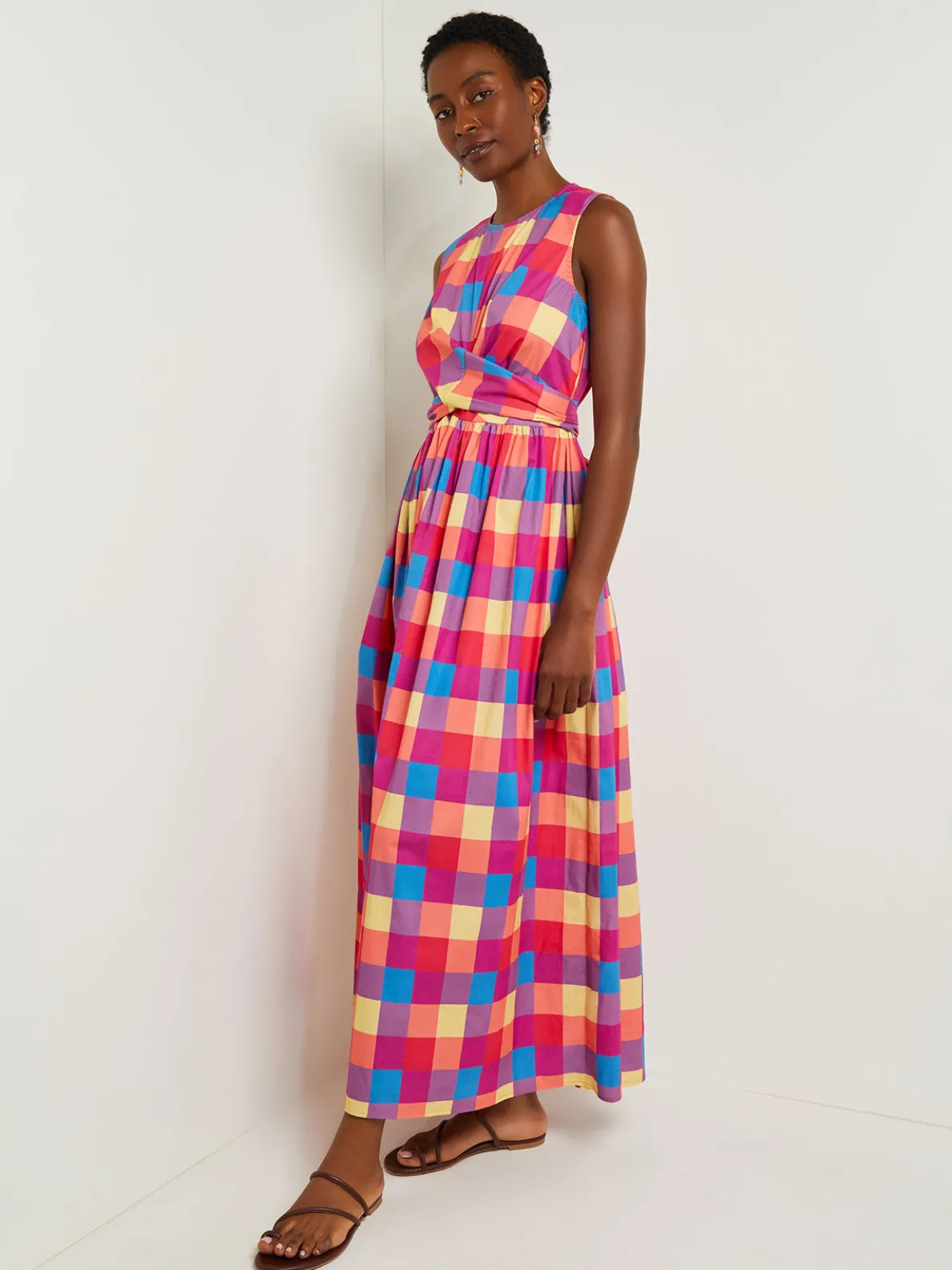 Maxi Tie Waist Dress - Plaid Cotton Blend