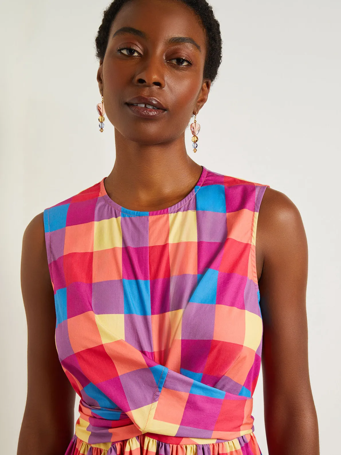 Maxi Tie Waist Dress - Plaid Cotton Blend