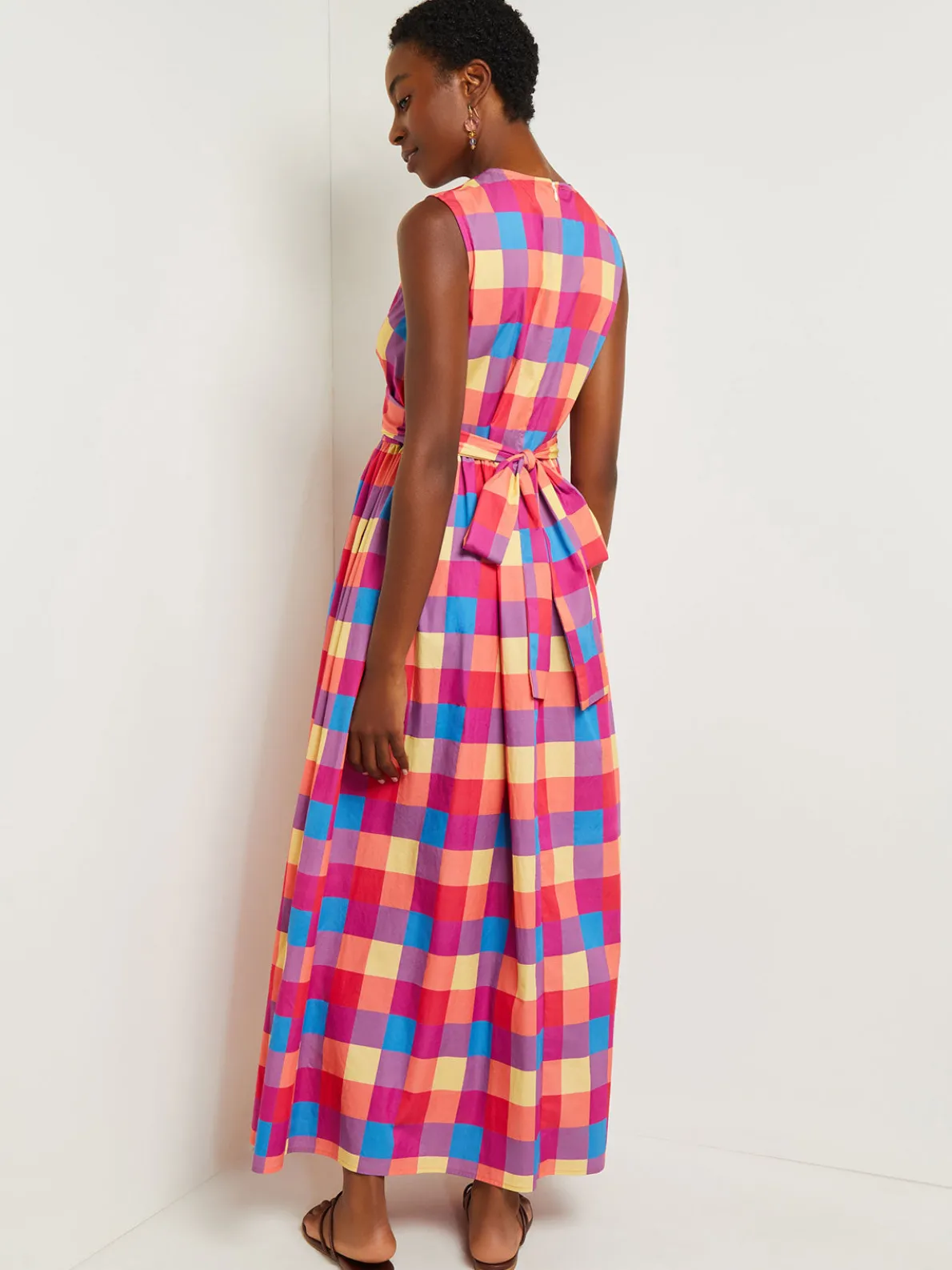 Maxi Tie Waist Dress - Plaid Cotton Blend
