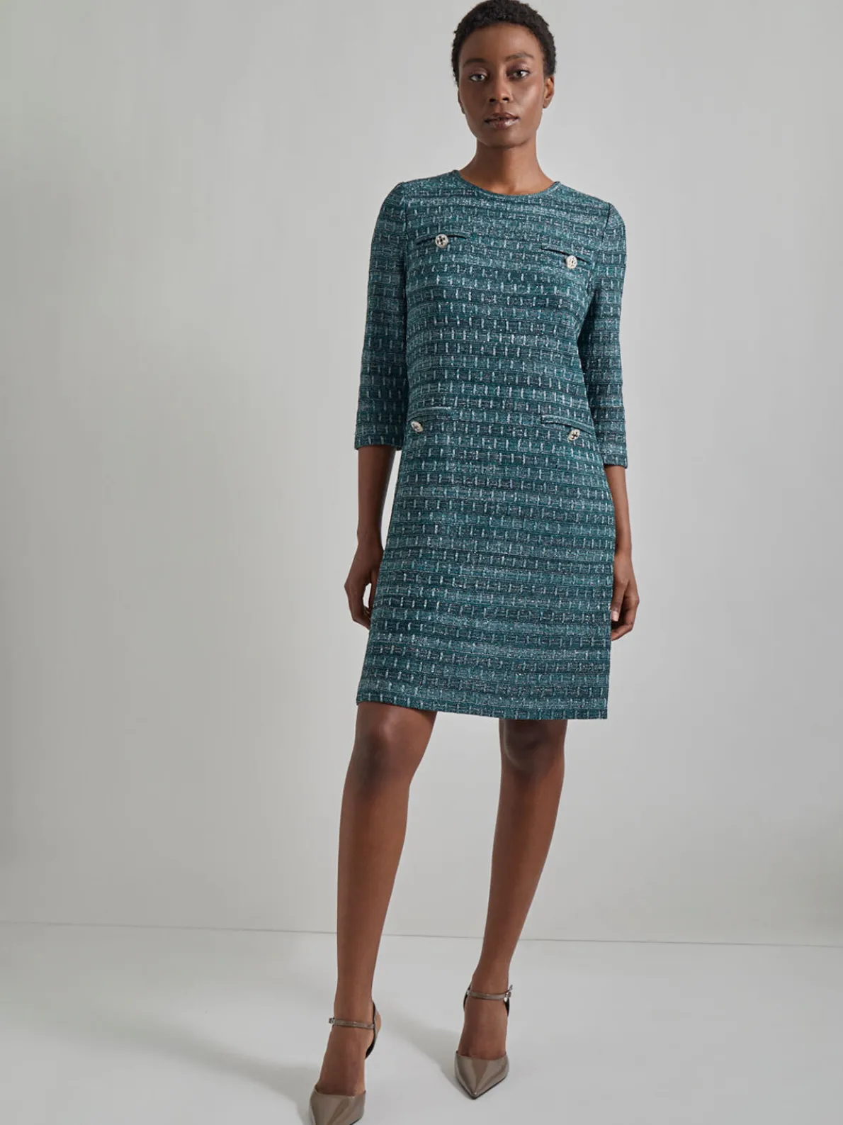 Metallic Accent Tweed Knit Shift Dress