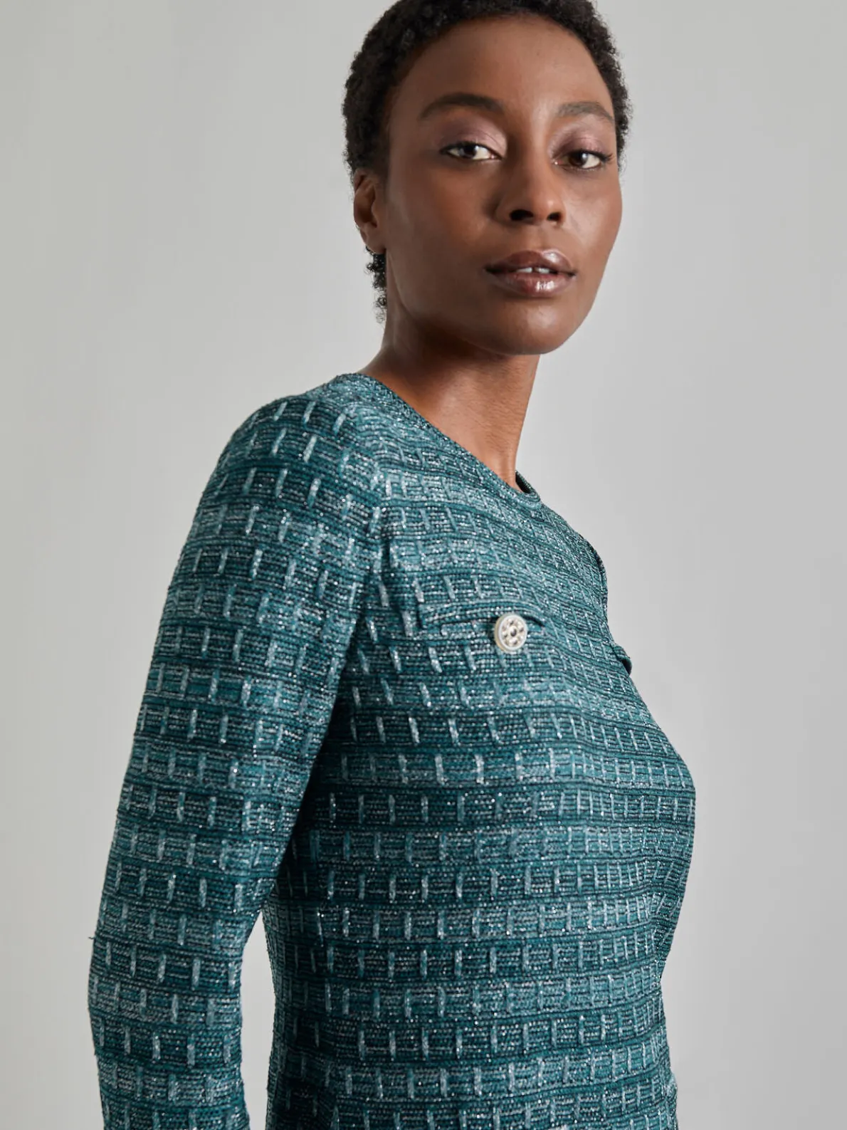 Metallic Accent Tweed Knit Shift Dress