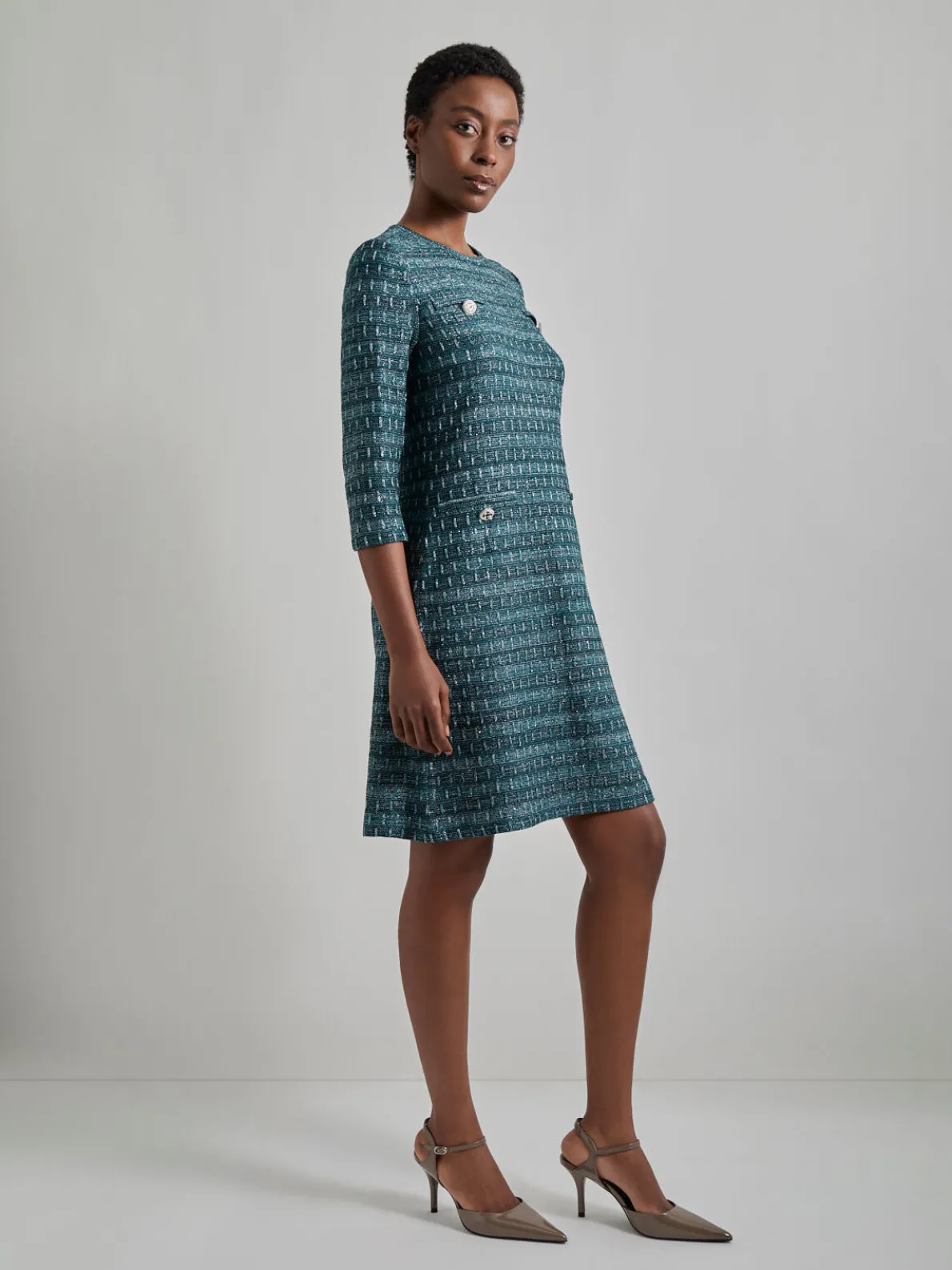 Metallic Accent Tweed Knit Shift Dress