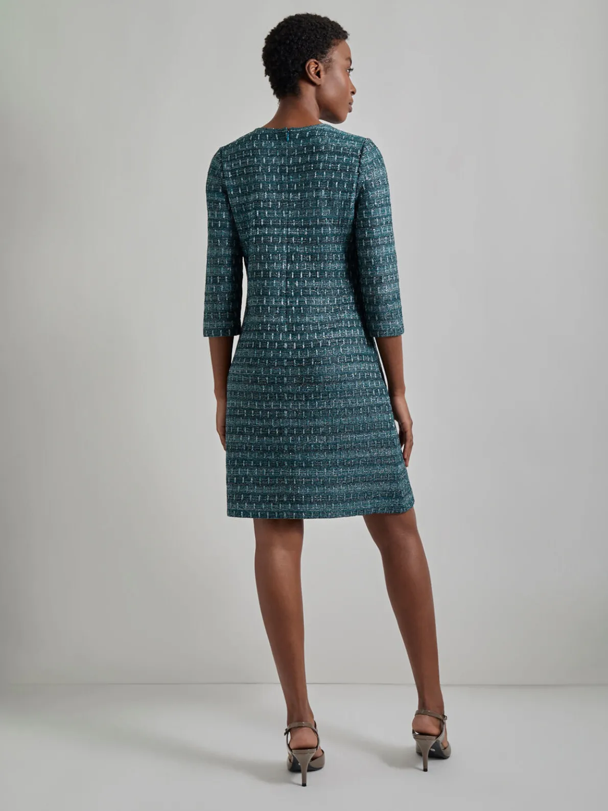 Metallic Accent Tweed Knit Shift Dress