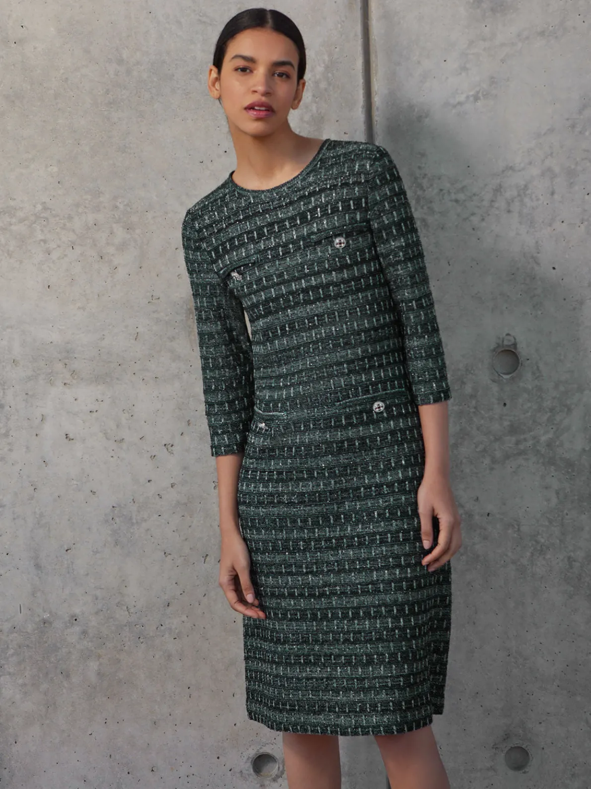 Metallic Accent Tweed Knit Shift Dress