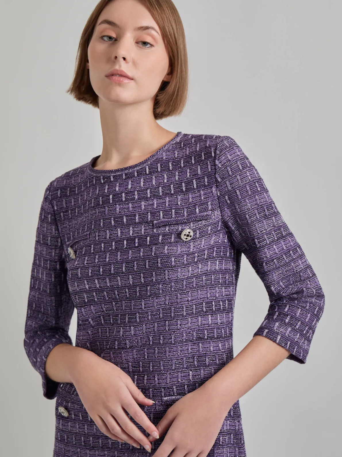 Metallic Accent Tweed Knit Shift Dress