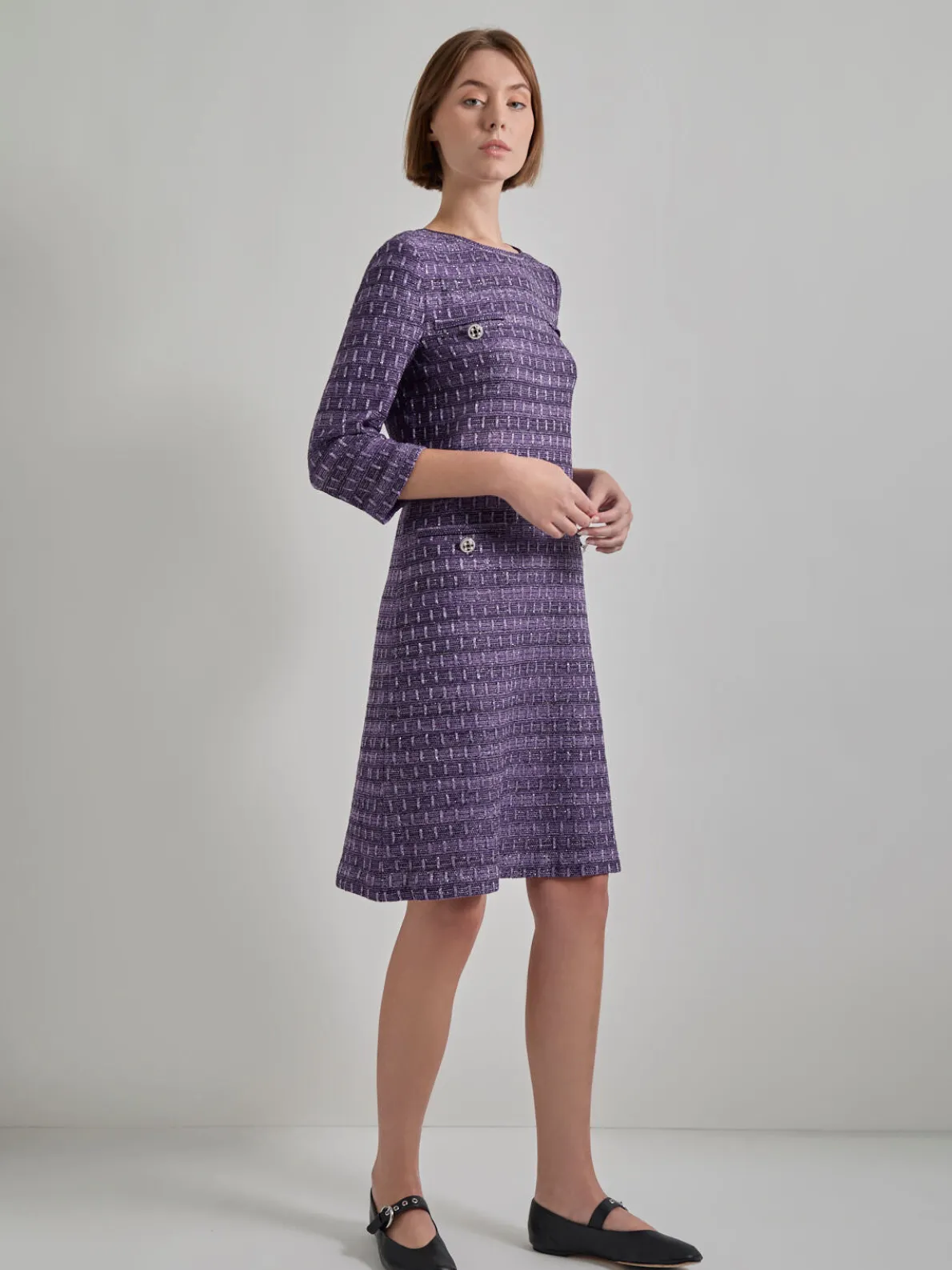 Metallic Accent Tweed Knit Shift Dress