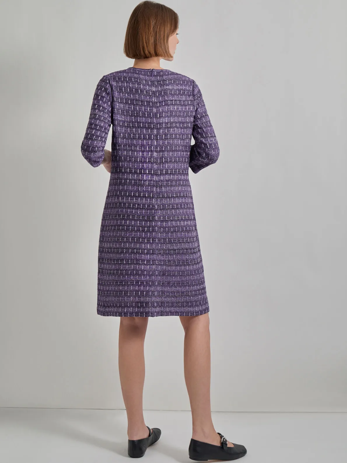 Metallic Accent Tweed Knit Shift Dress
