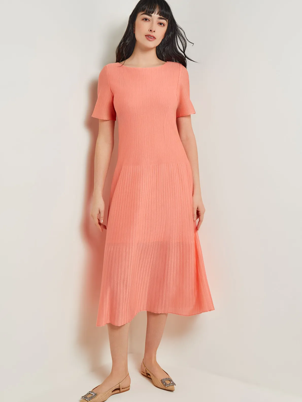 Midi A-Line Dress - Short Sleeve Burnout Knit