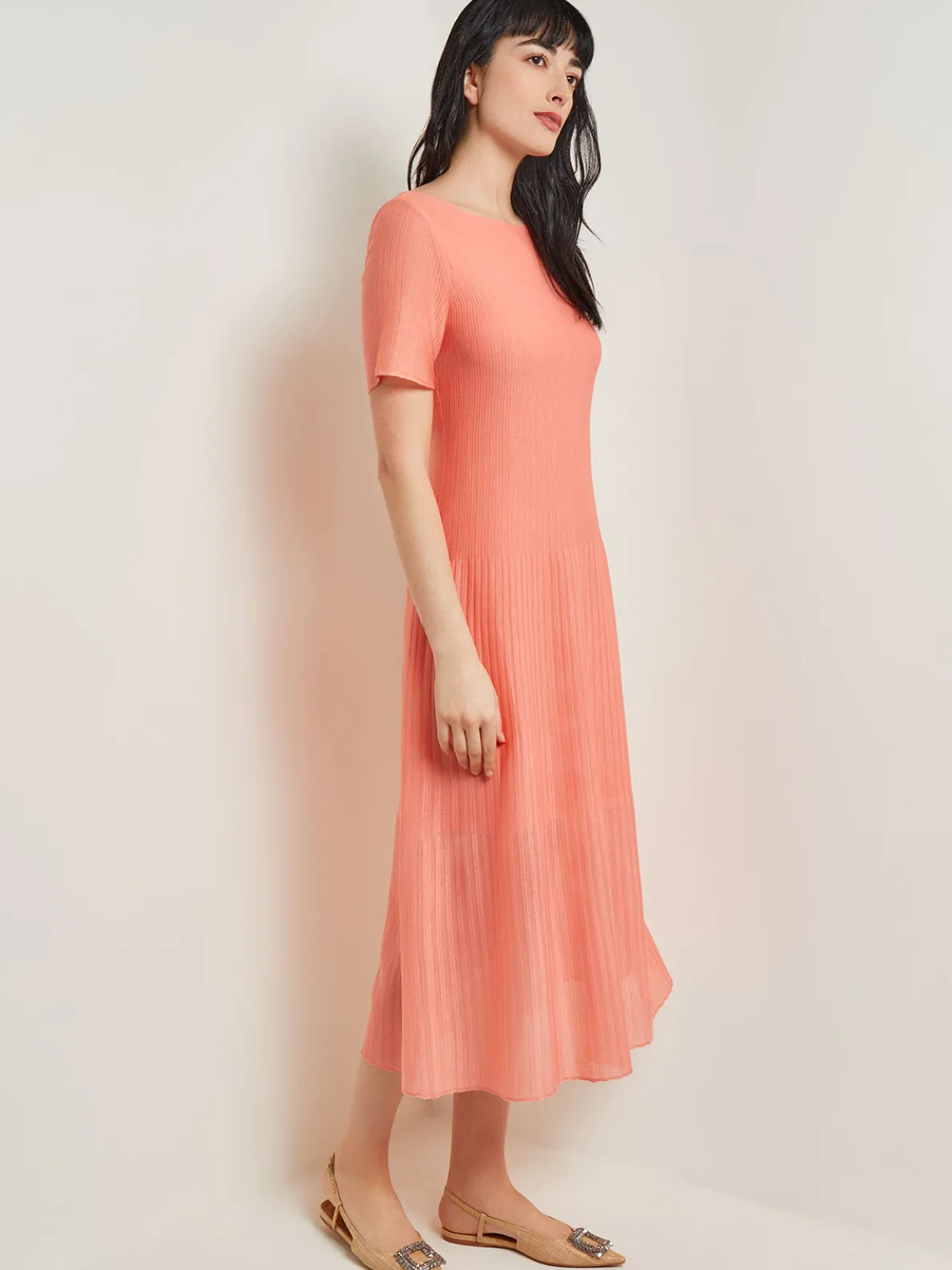 Midi A-Line Dress - Short Sleeve Burnout Knit