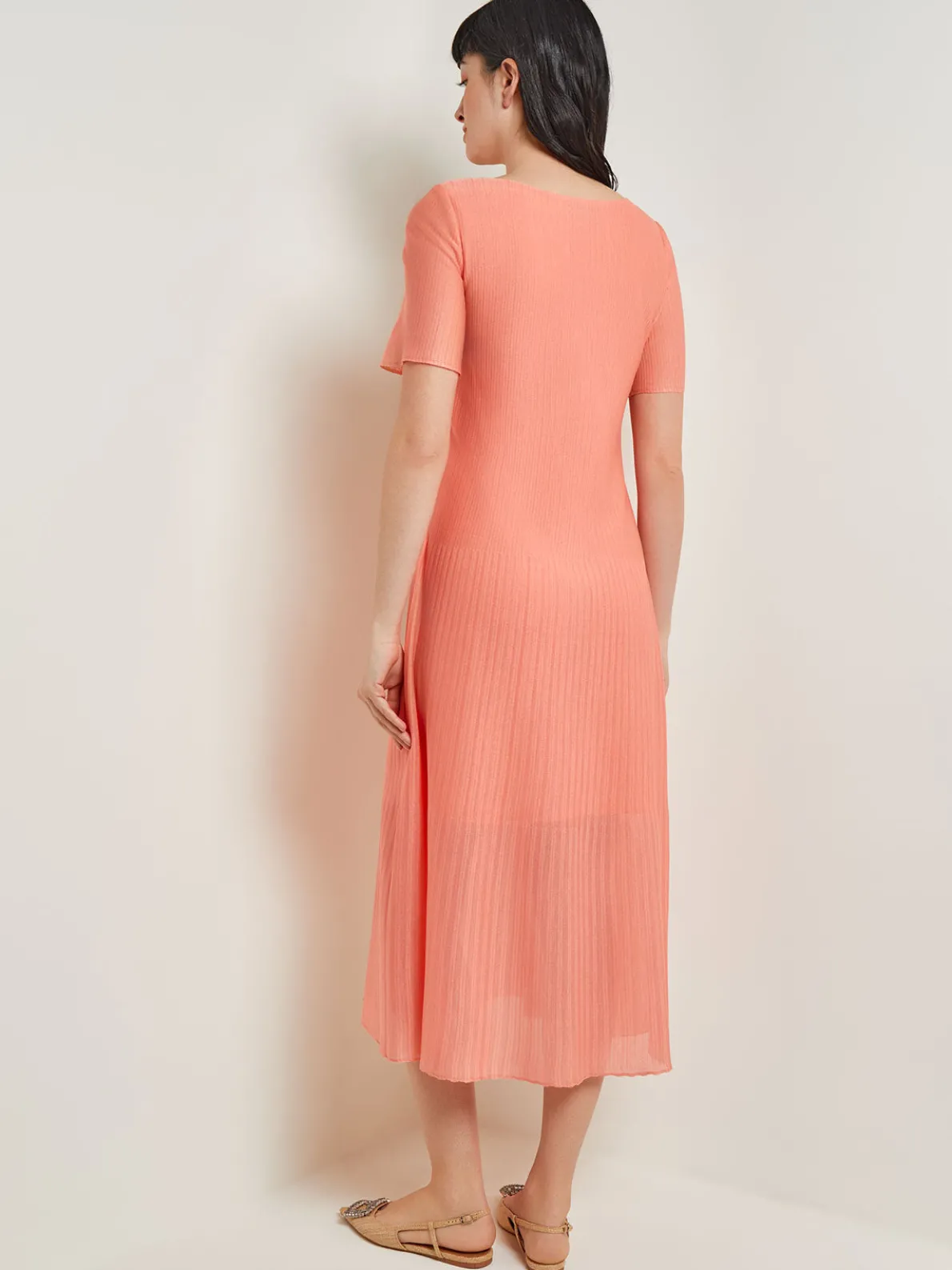 Midi A-Line Dress - Short Sleeve Burnout Knit