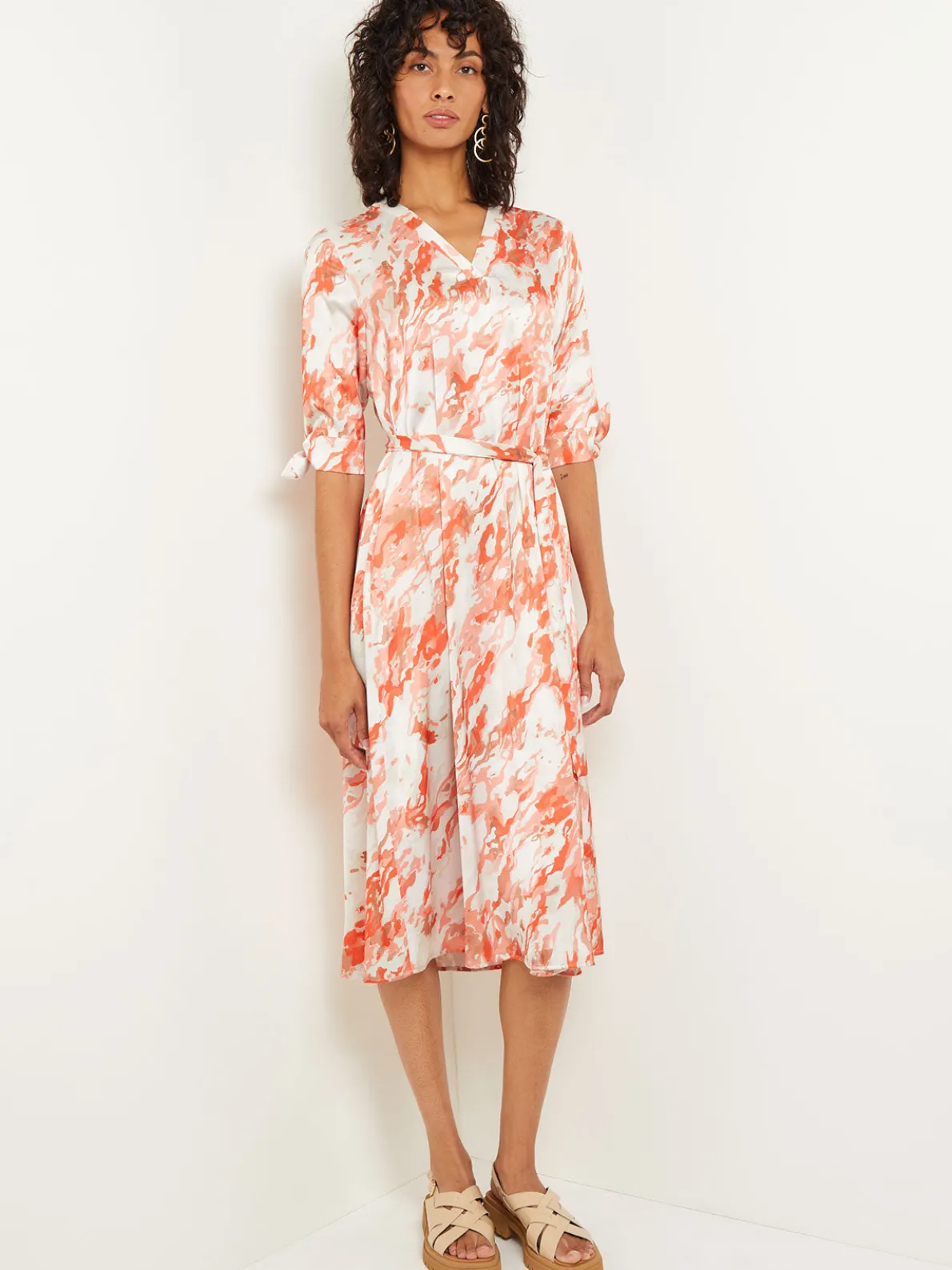 Midi A-Line Dress - V-Neck Print Crepe de Chine