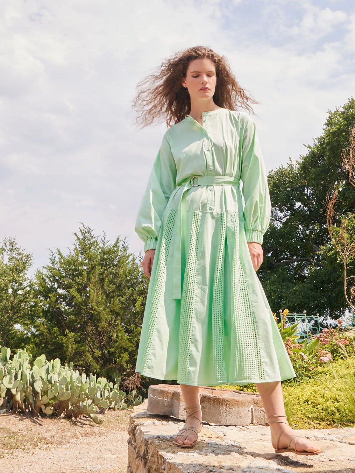 Midi Drop Waist Dress - Pointelle Stripe Mixed Media