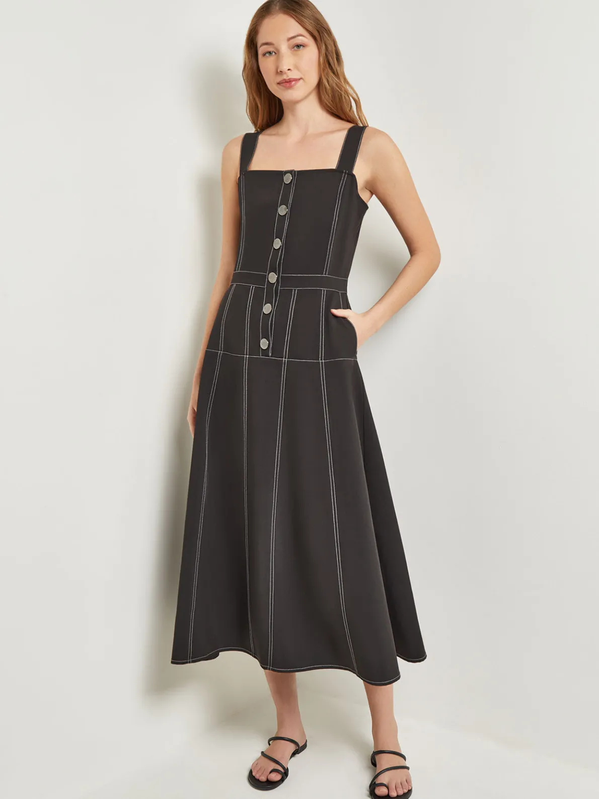 Midi Fit & Flare Dress - Button Front Woven